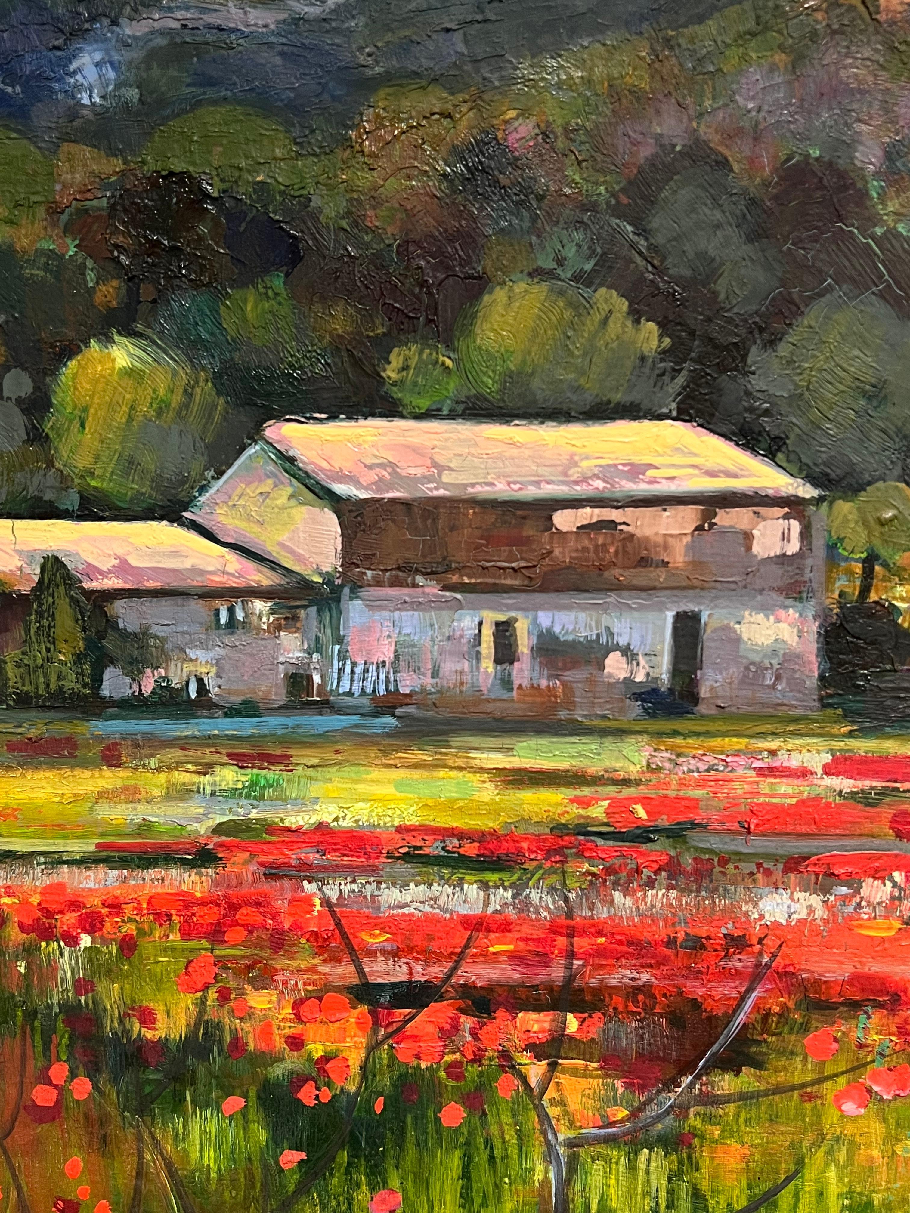 Gran óleo francés postimpresionista Campos de amapolas en Provenza - Landscape Painting Marrón de Gabriel Mouton