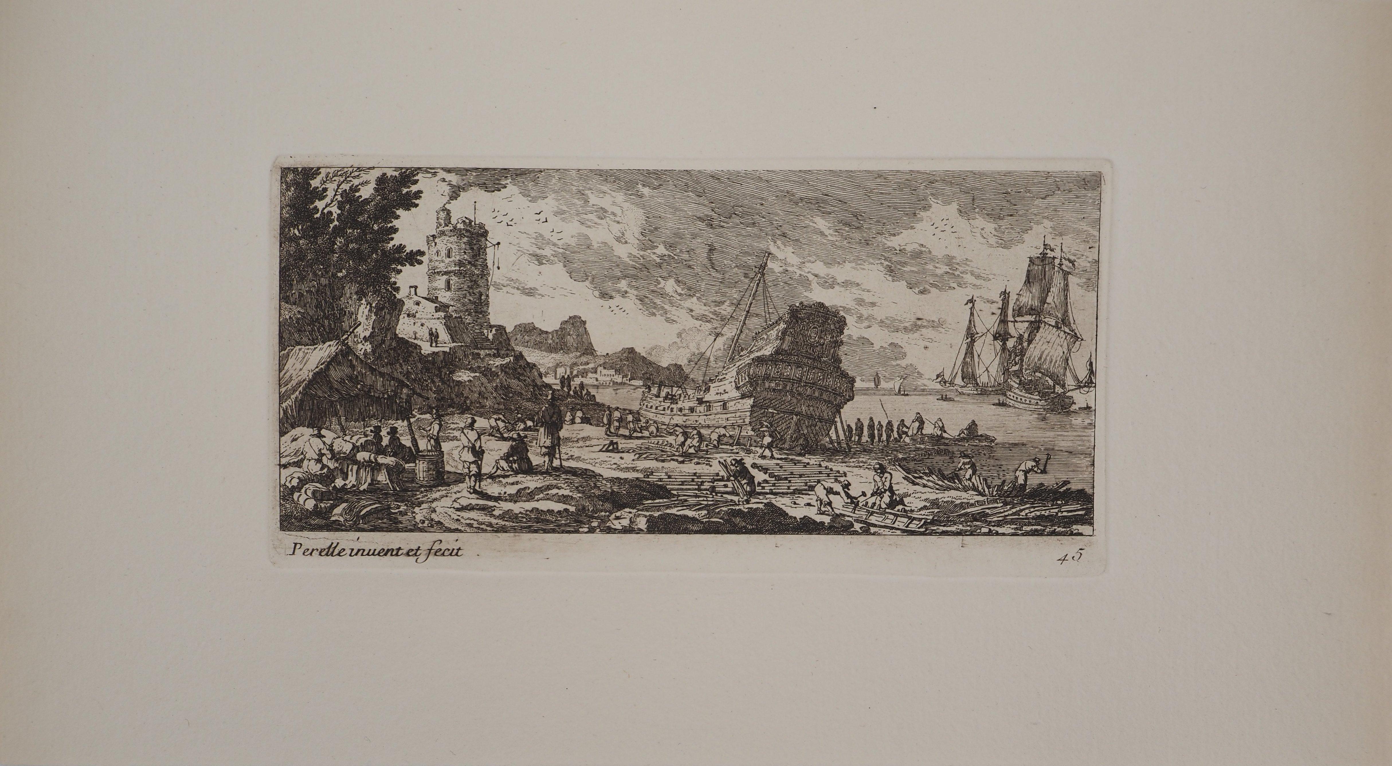 Building a Ship - Original etching - Academic Print by Gabriel Perelle