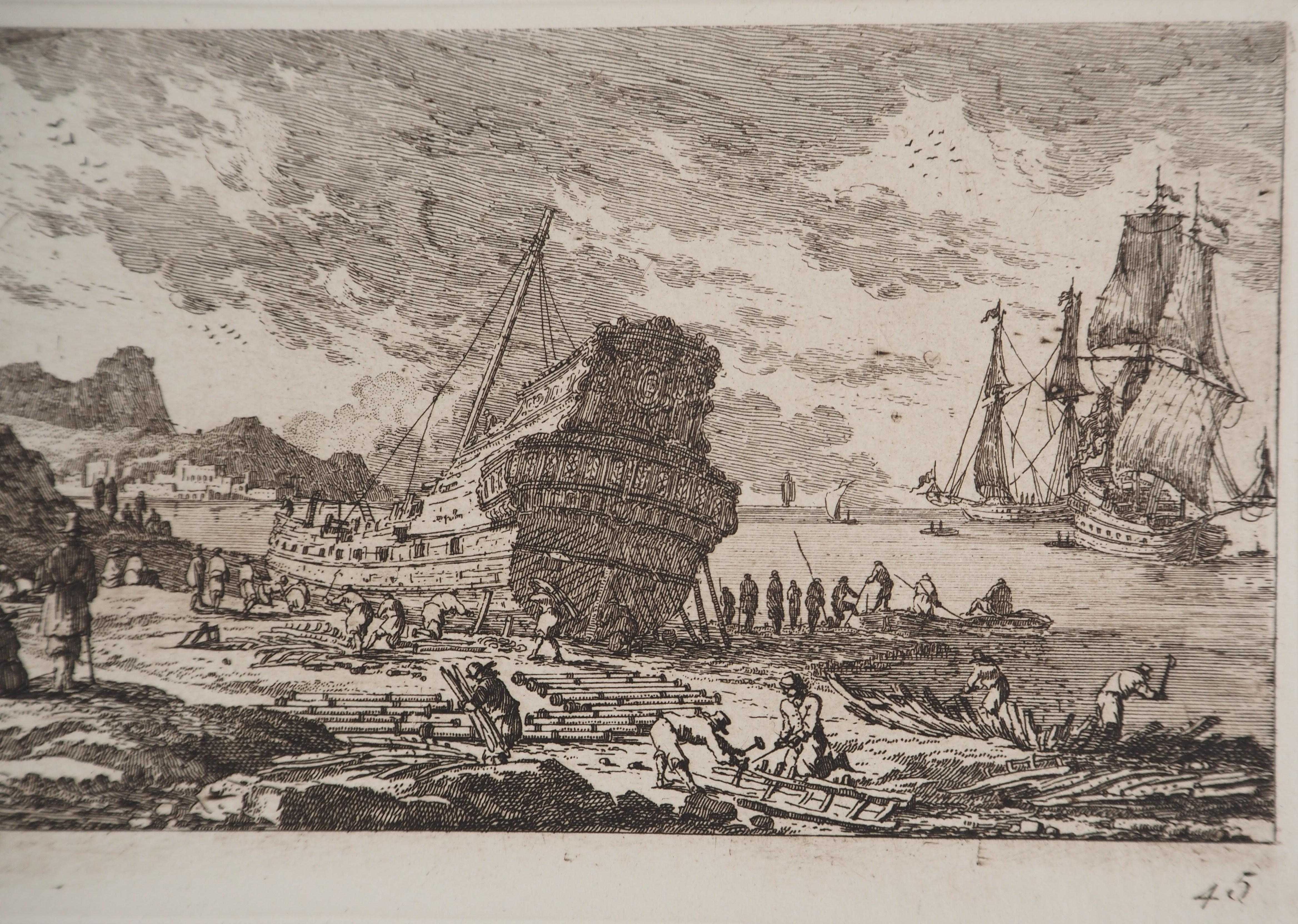 PERELLE Family (17th Century)
Building a Ship

Original Engraving
Signed in the plate
On laid paper, 15.5 x 28 cm

INFORMATION: This family of artists, led by Gabriel, the father, and his sons Adam and Nicolas, produced a considerable number of