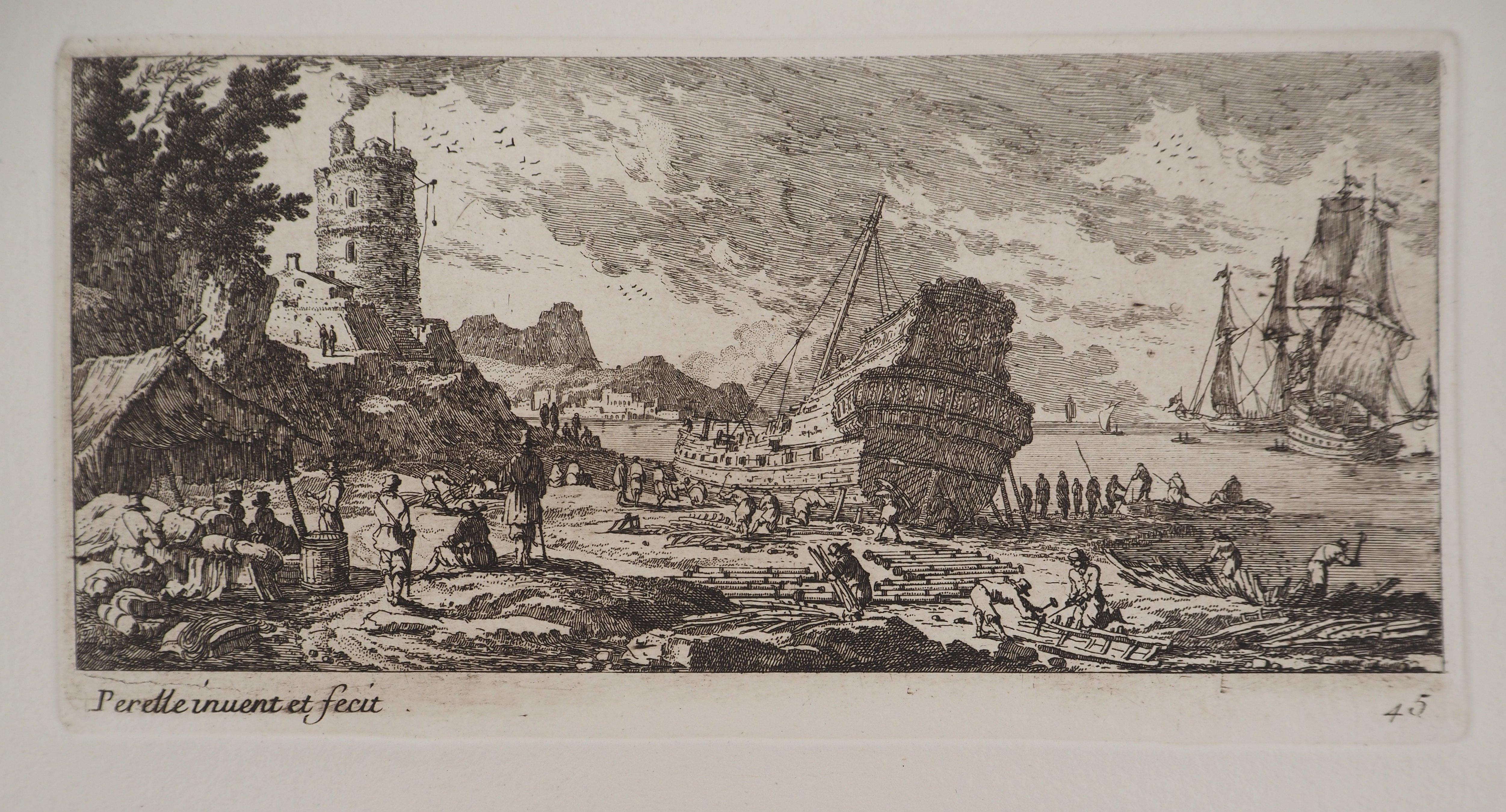 Gabriel Perelle Figurative Print - Building a Ship - Original etching