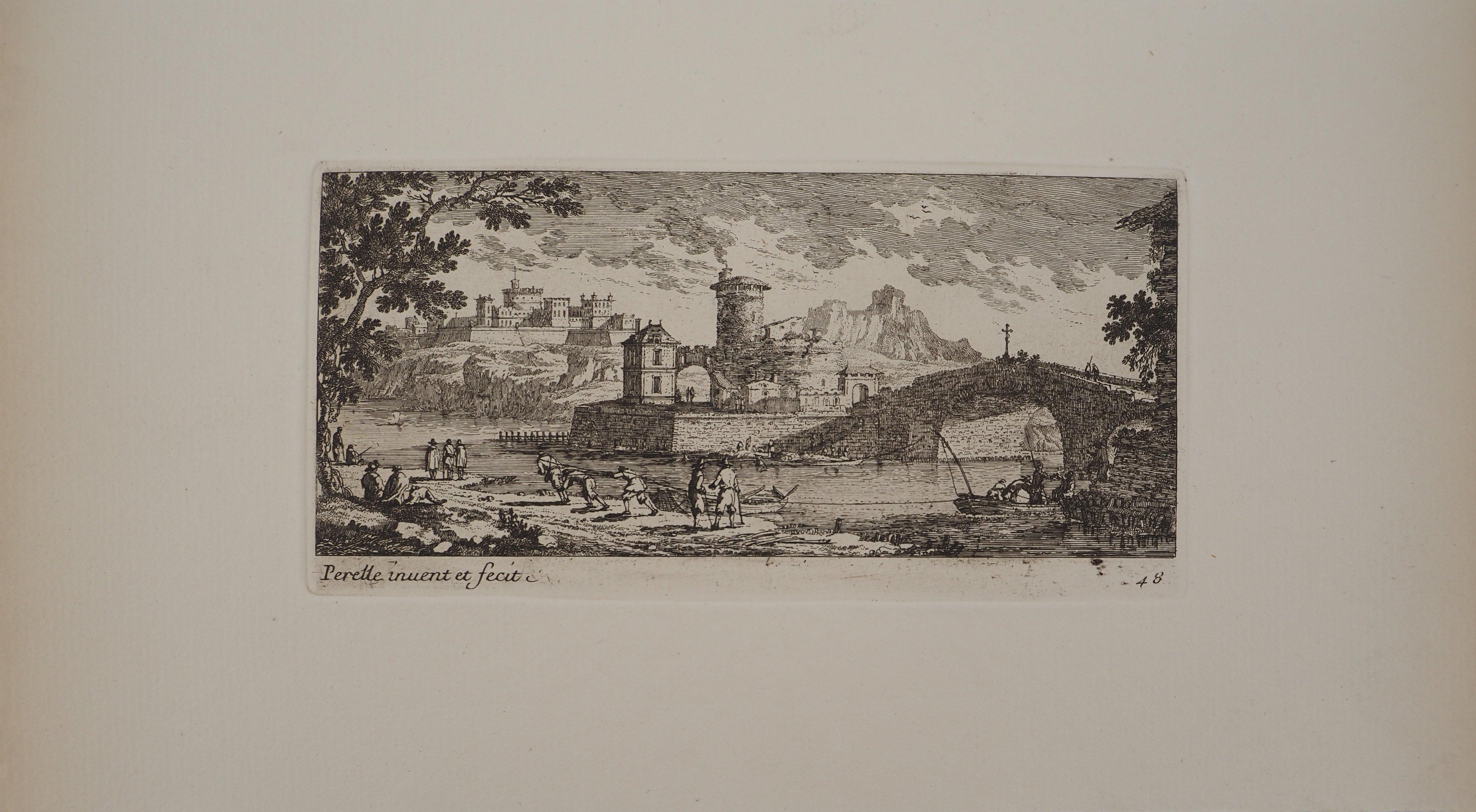 Landscape with a Bridge and Fishermen - Original etching - Print by Gabriel Perelle