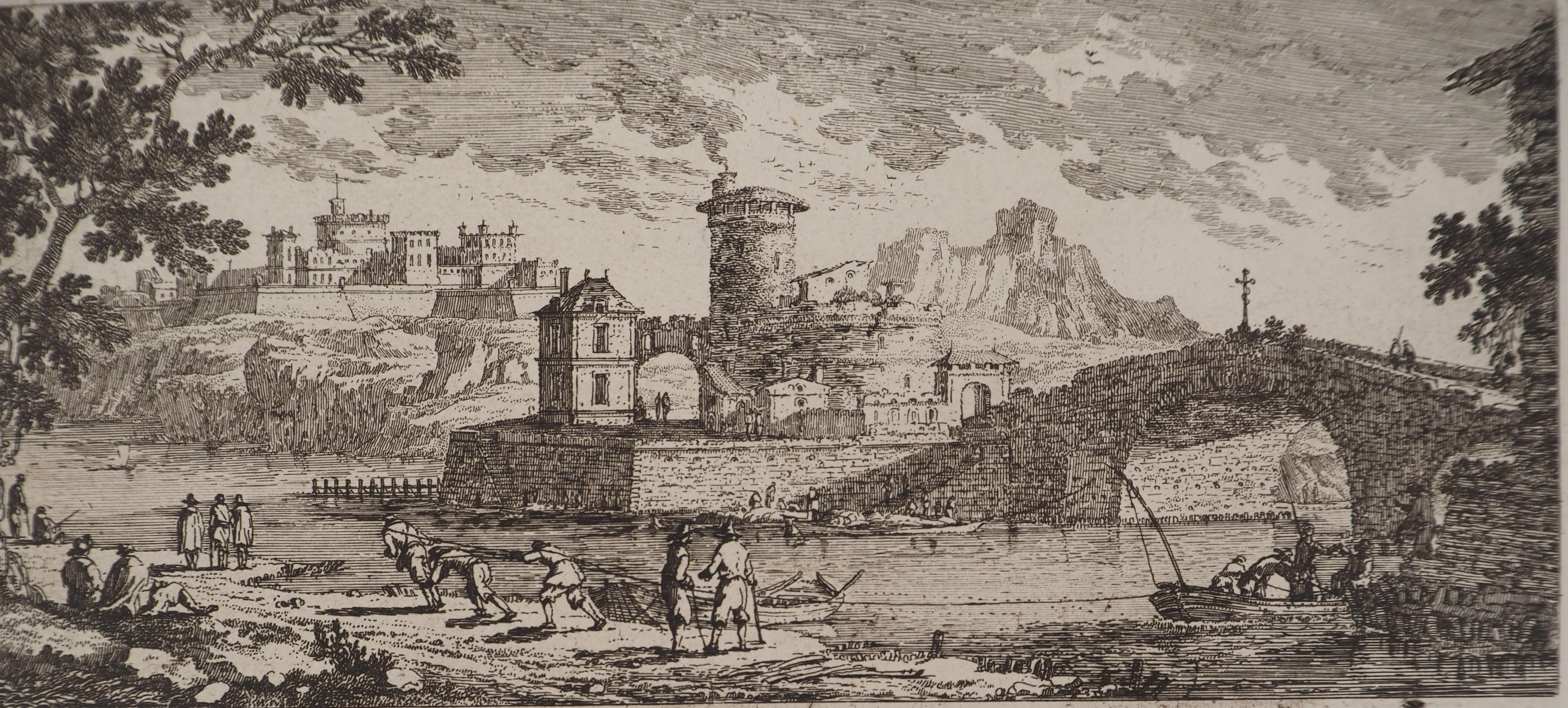 Landscape with a Bridge and Fishermen - Original etching - Academic Print by Gabriel Perelle