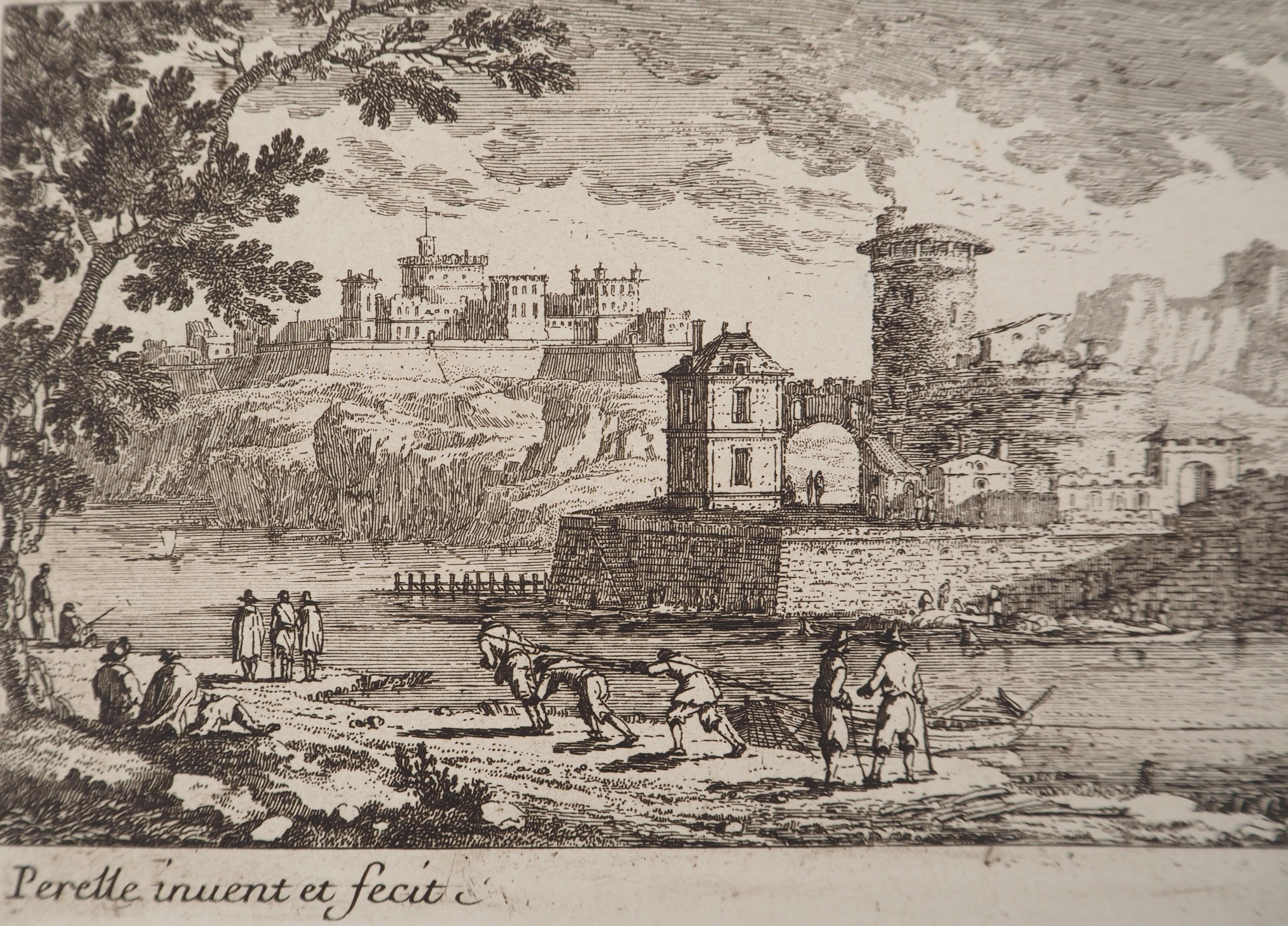 Landscape with a Bridge and Fishermen - Original etching - Gray Figurative Print by Gabriel Perelle