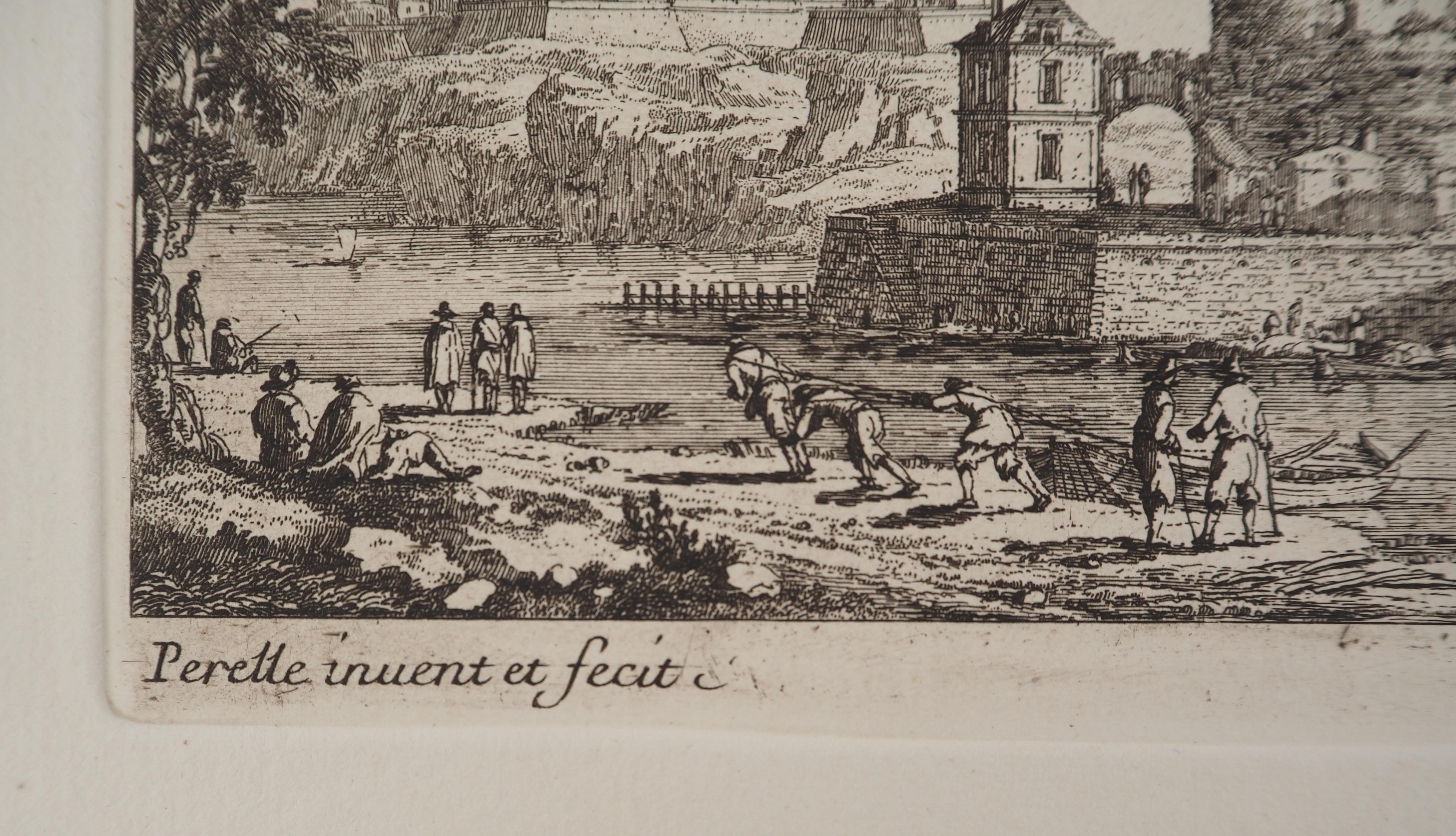 Landscape with a Bridge and Fishermen - Original etching For Sale 1