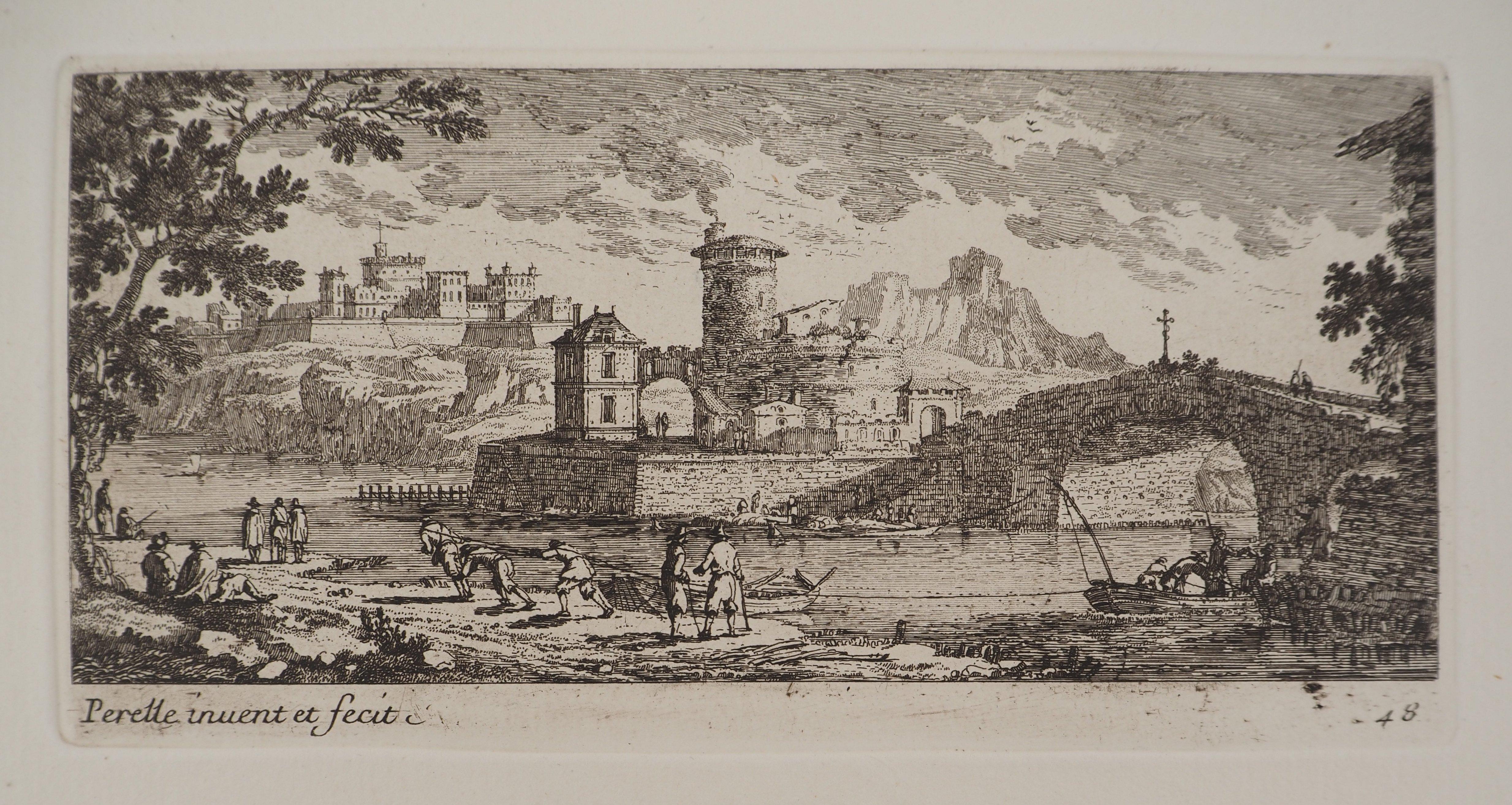 Landschaft mit Brücke und Fischern – Original-Radierung