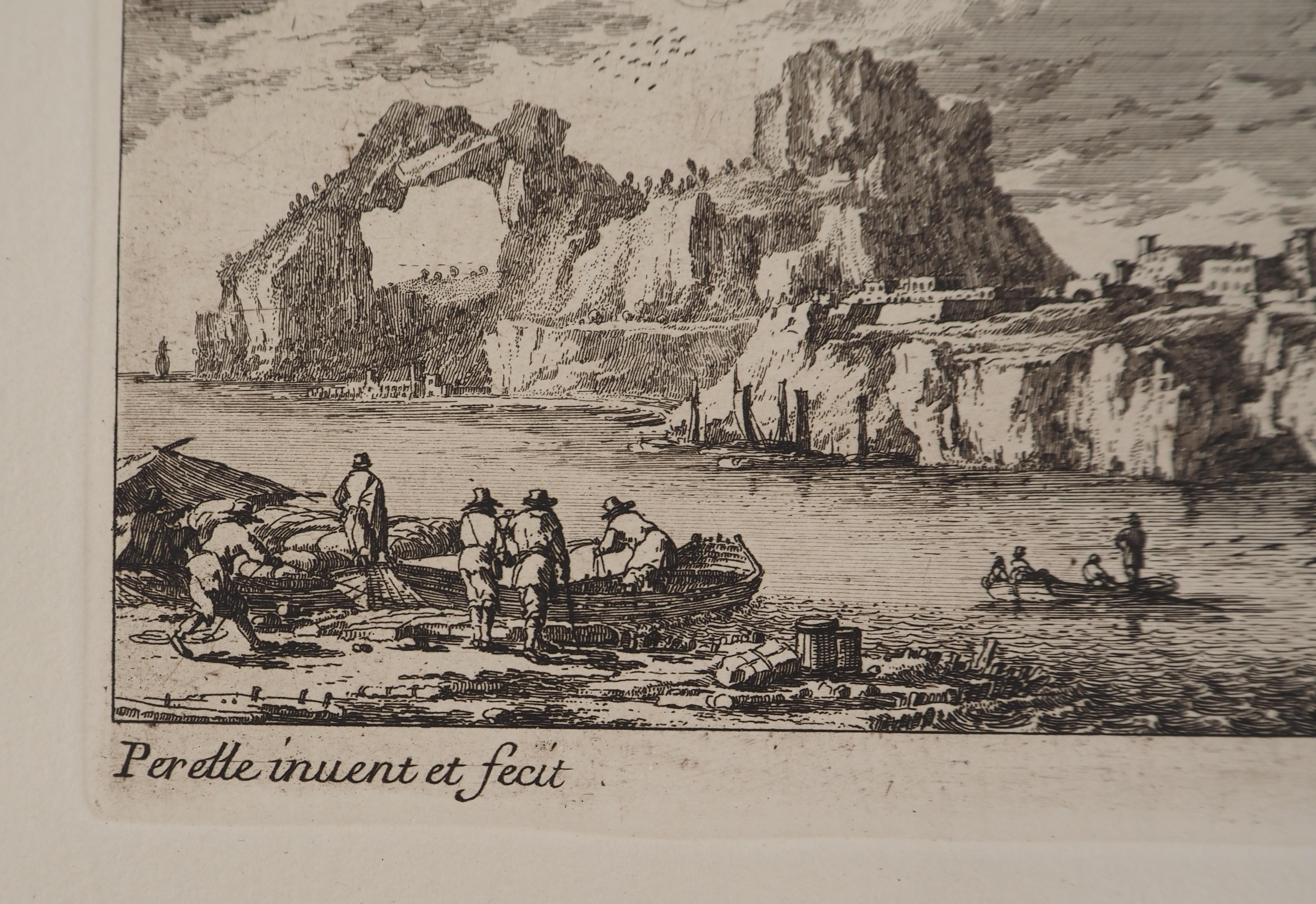 Landschaft mit einem Segelboot und Fischern – Original-Radierung – Print von Gabriel Perelle