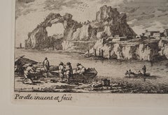 Paesaggio con barca a vela e pescatori - Acquaforte originale