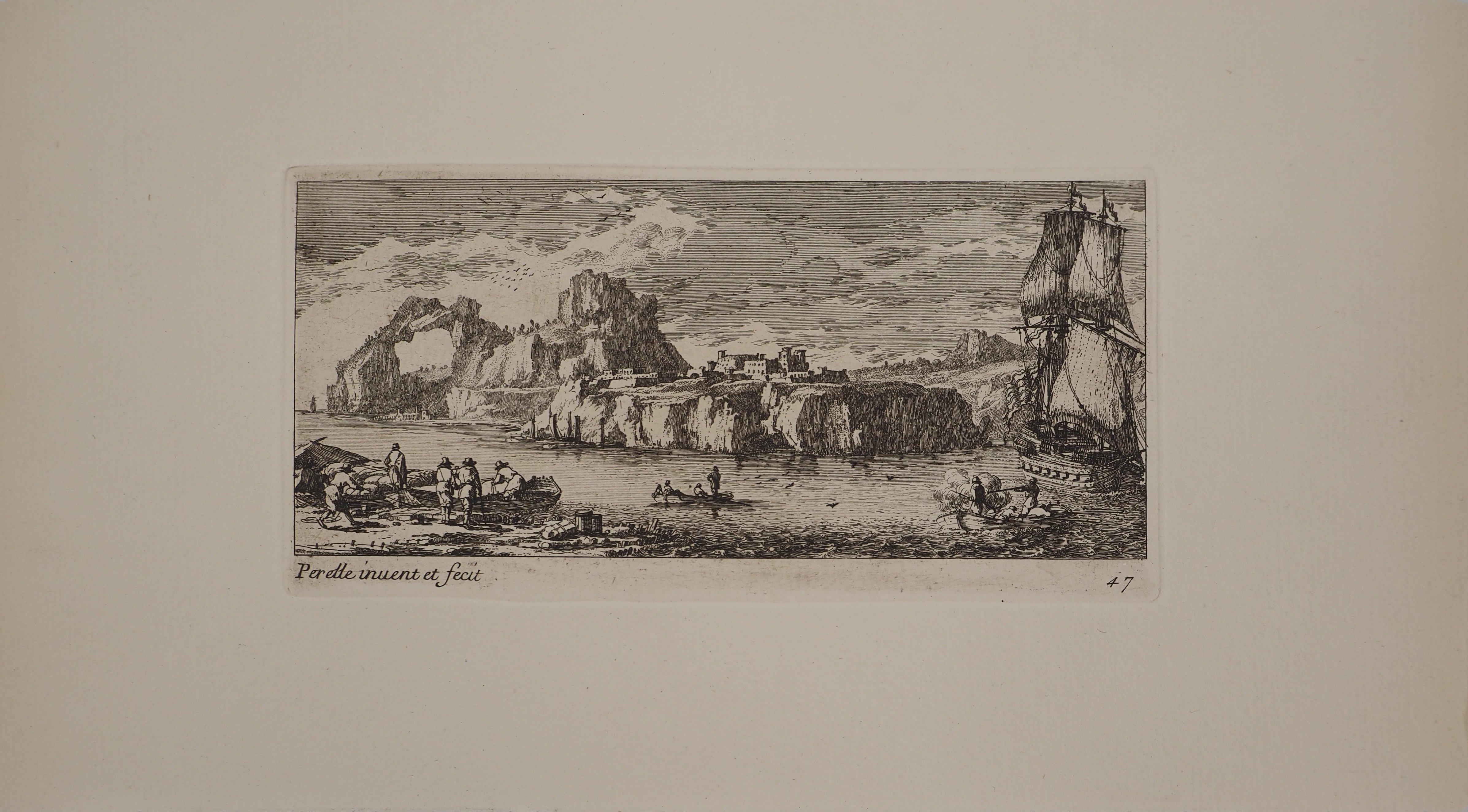 Landschaft mit einem Segelboot und Fischern – Original-Radierung (Akademisch), Print, von Gabriel Perelle