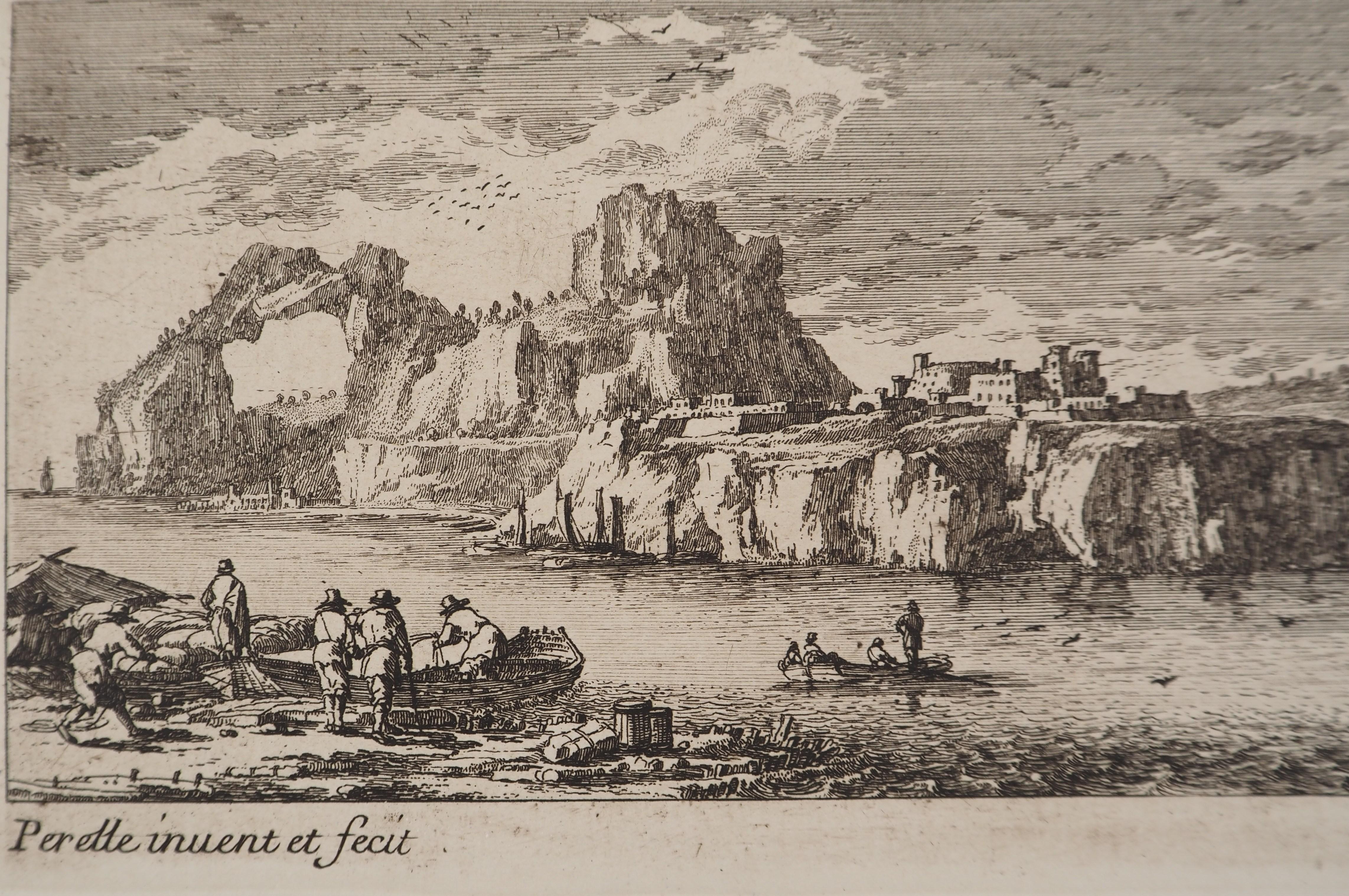 Landschaft mit einem Segelboot und Fischern – Original-Radierung (Braun), Figurative Print, von Gabriel Perelle