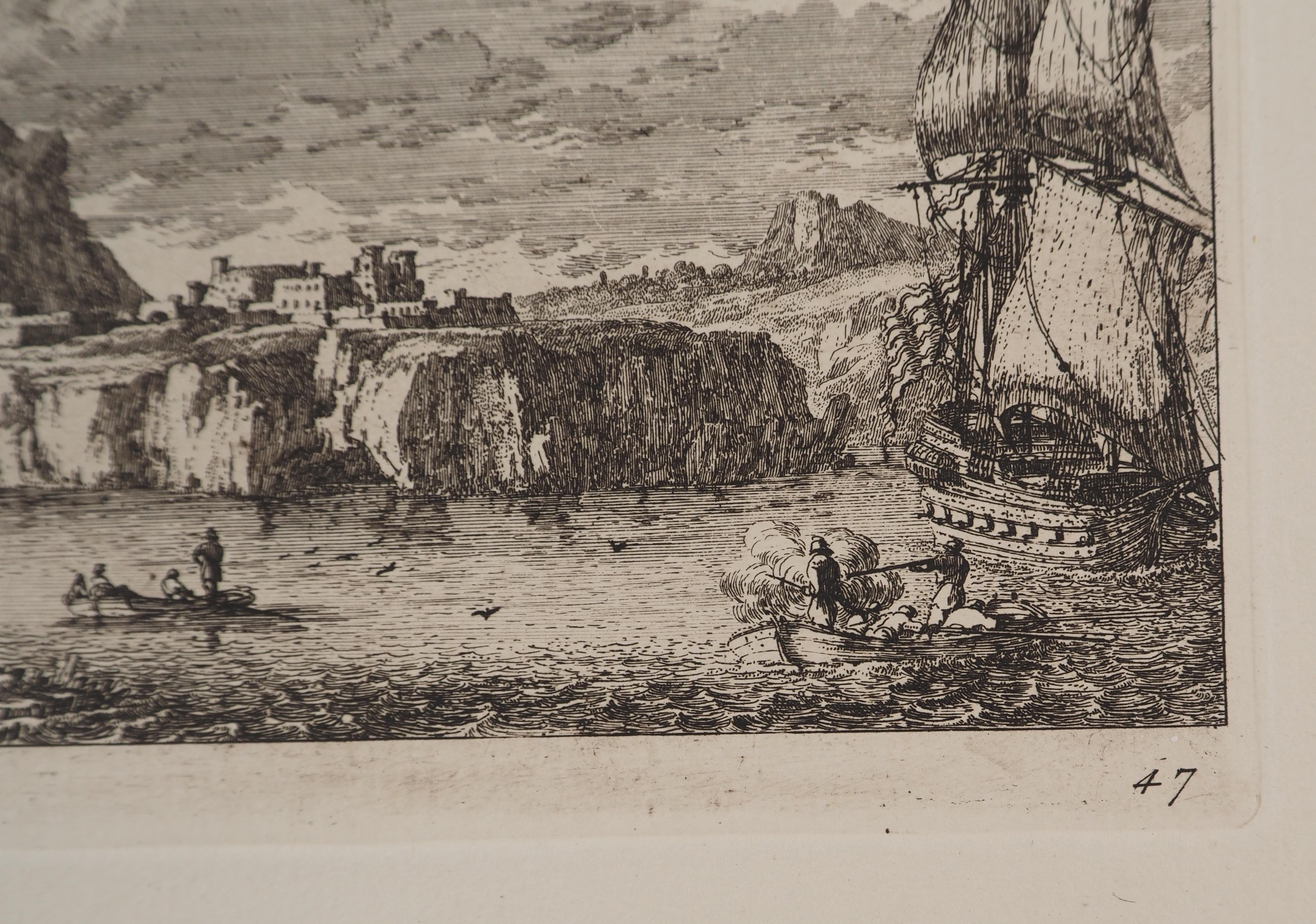 Landschaft mit einem Segelboot und Fischern – Original-Radierung im Angebot 2
