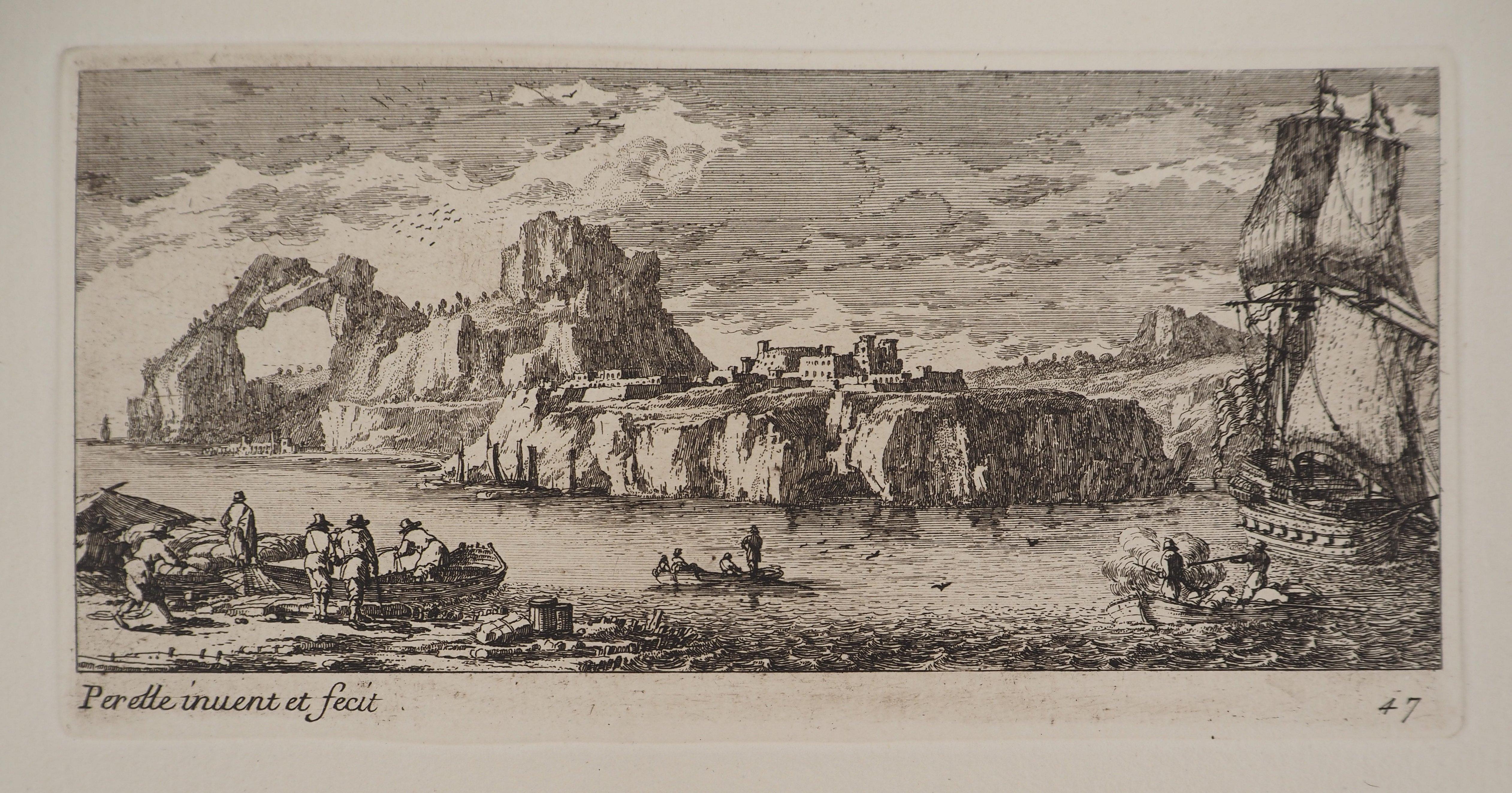 Landschaft mit einem Segelboot und Fischern – Original-Radierung