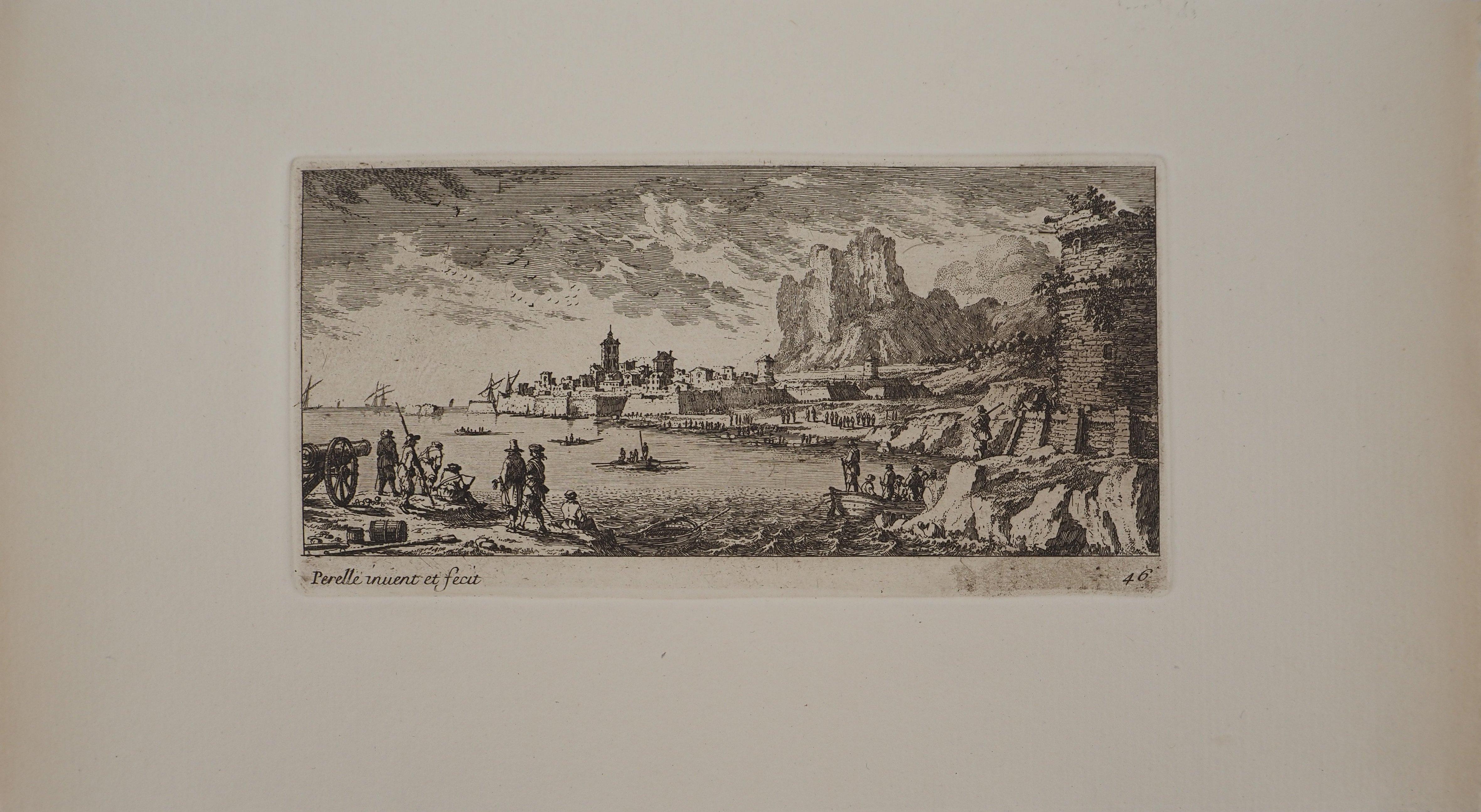 Landscape with Fishermen - Original etching - Print by Gabriel Perelle