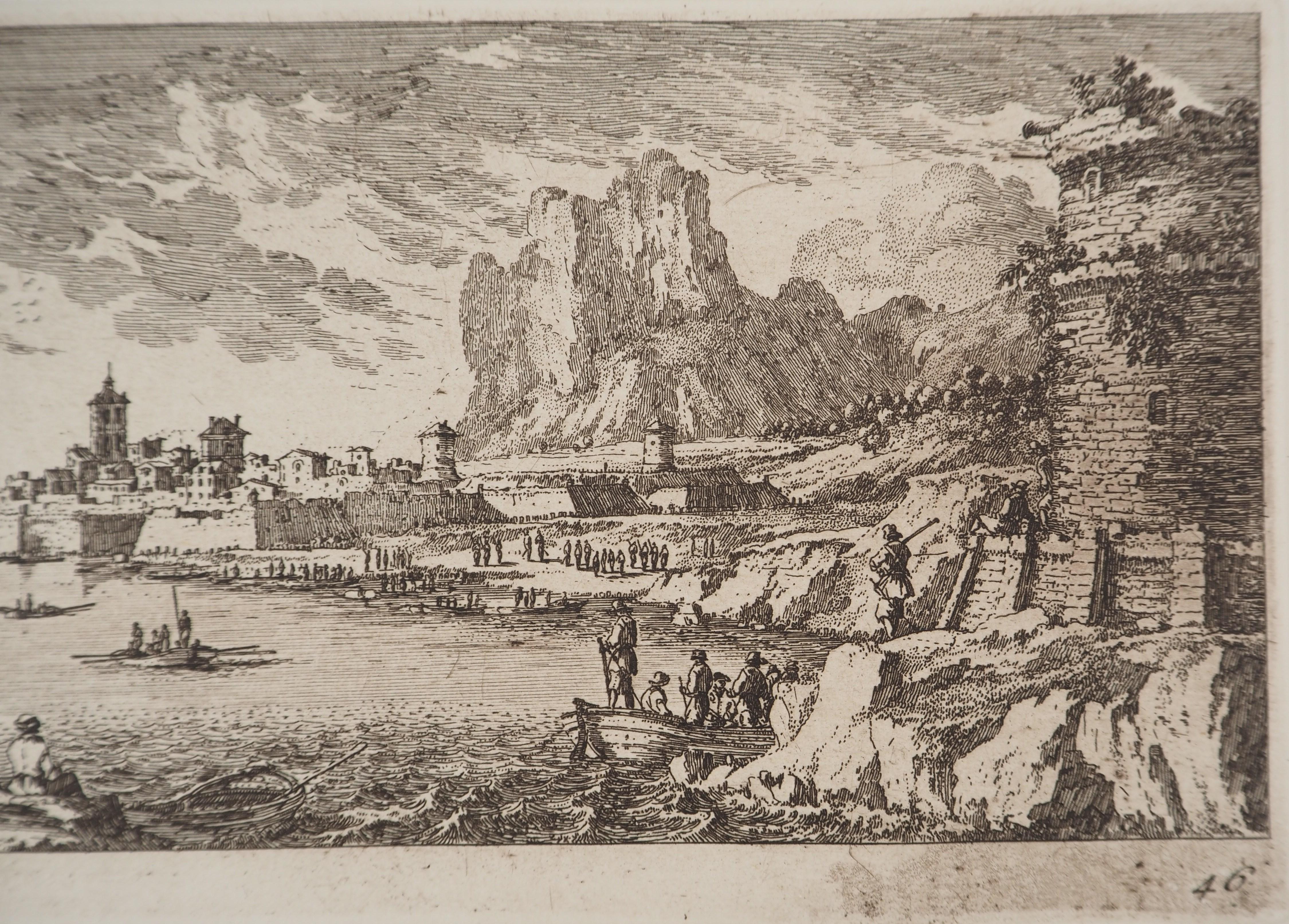 Landscape with Fishermen - Original etching - Academic Print by Gabriel Perelle
