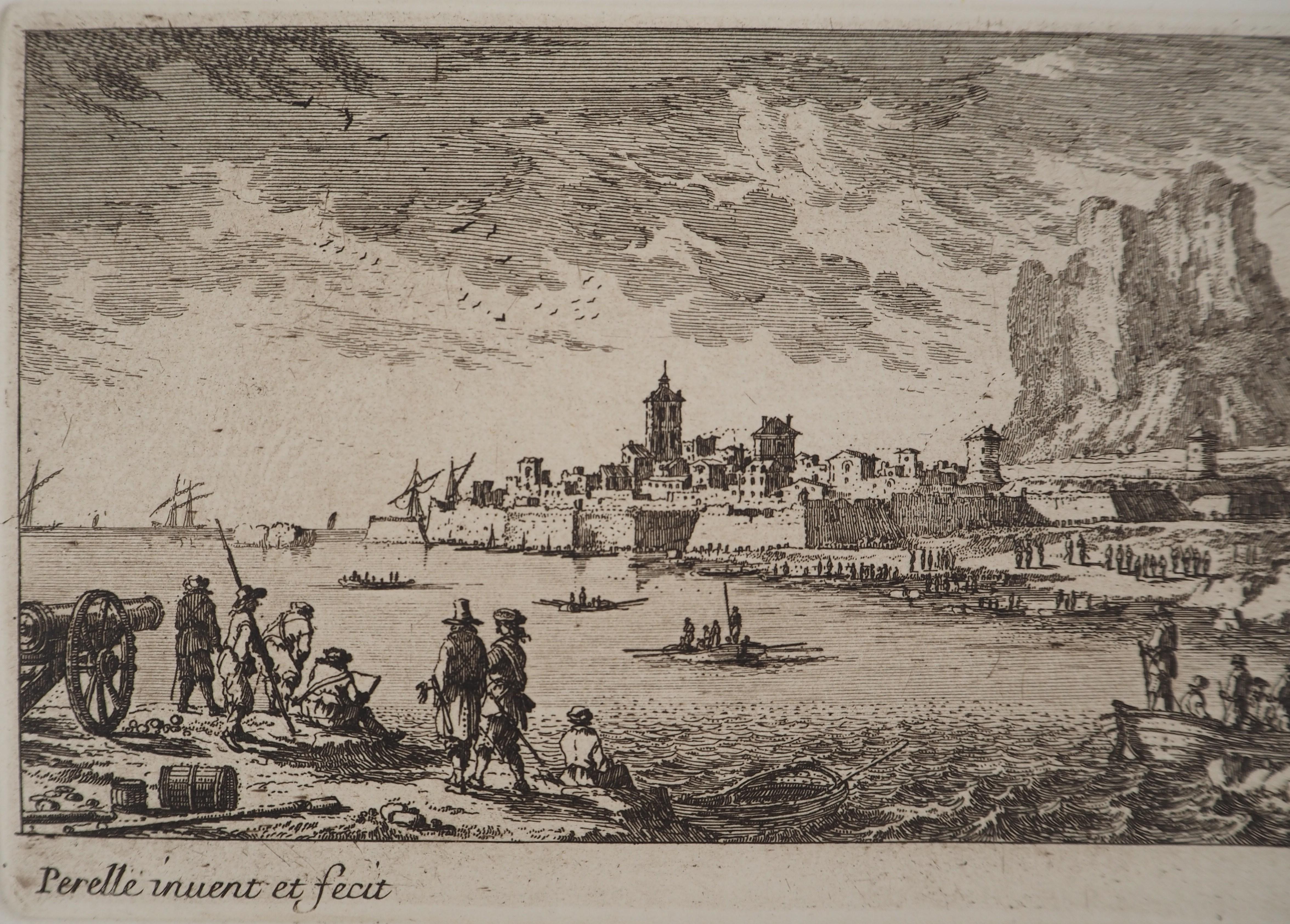 Landscape with Fishermen - Original etching - Brown Figurative Print by Gabriel Perelle