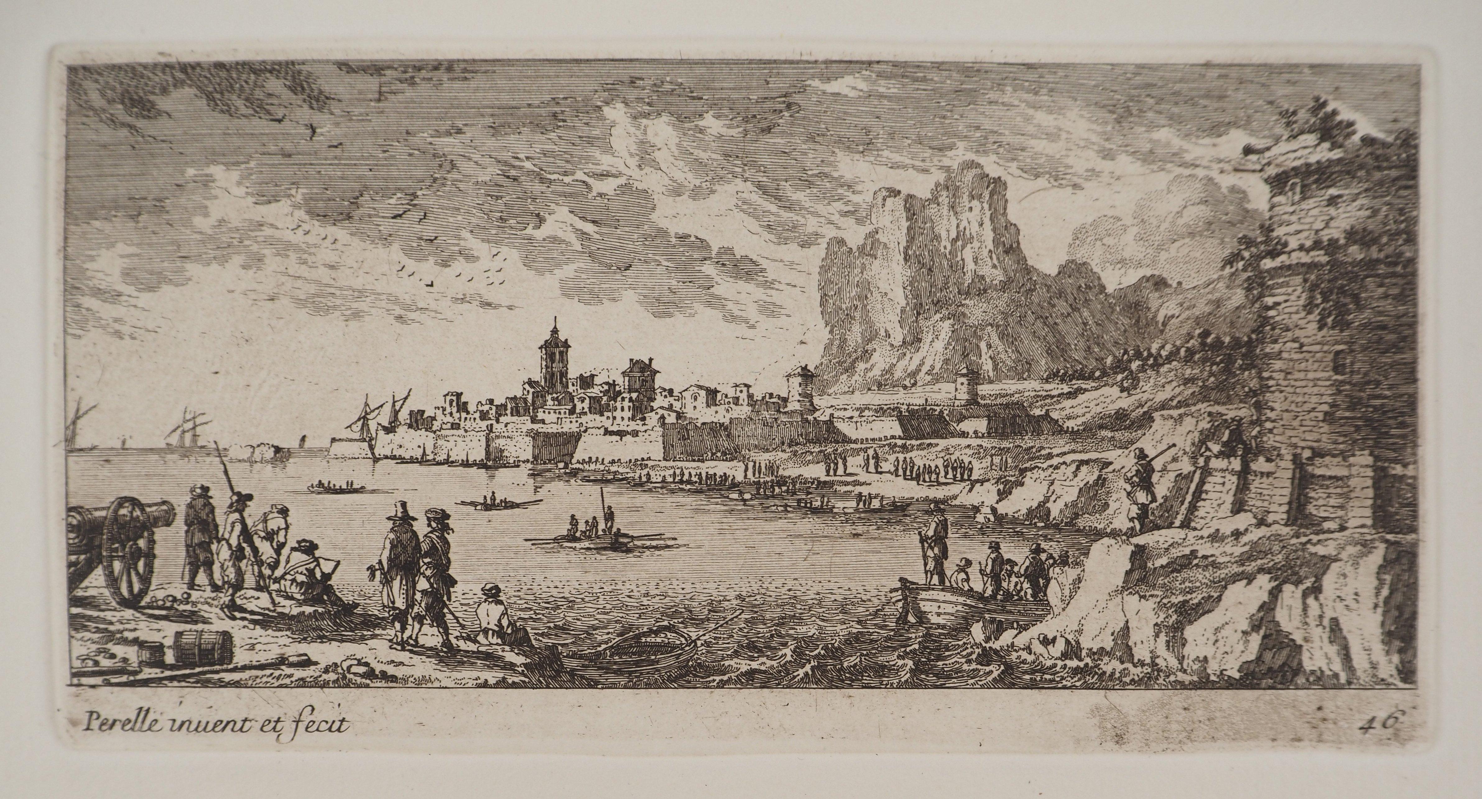 Gabriel Perelle Figurative Print - Landscape with Fishermen - Original etching