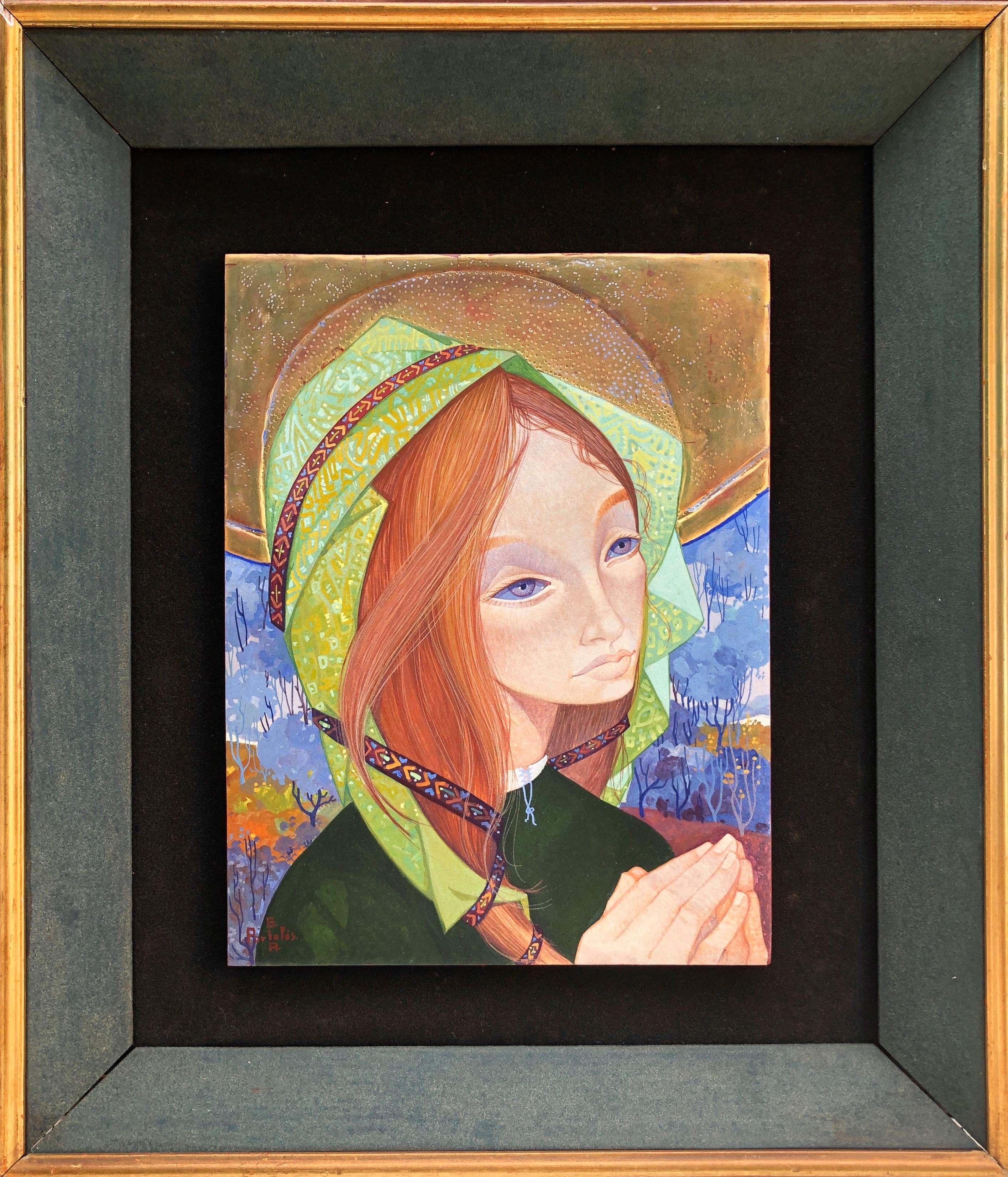 religious praying Tempera and gold leaf on panel painting - Painting by Gabriel Portoles Ascaso