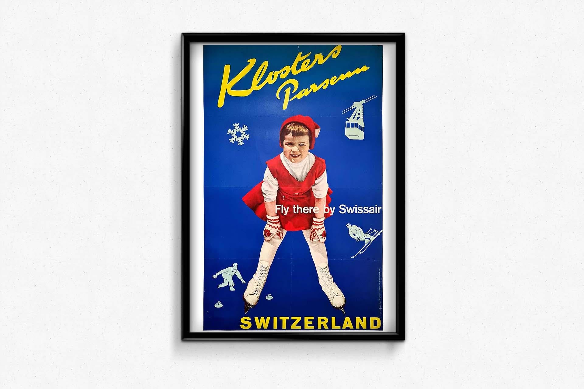 Original vintage poster for the popular Swiss alpine resort of Klosters Parsenn Suisse Schweiz featuring a colourful and fun photo of a girl wearing red and white winter clothes, leaning forward on her ice skates in front of a blue background