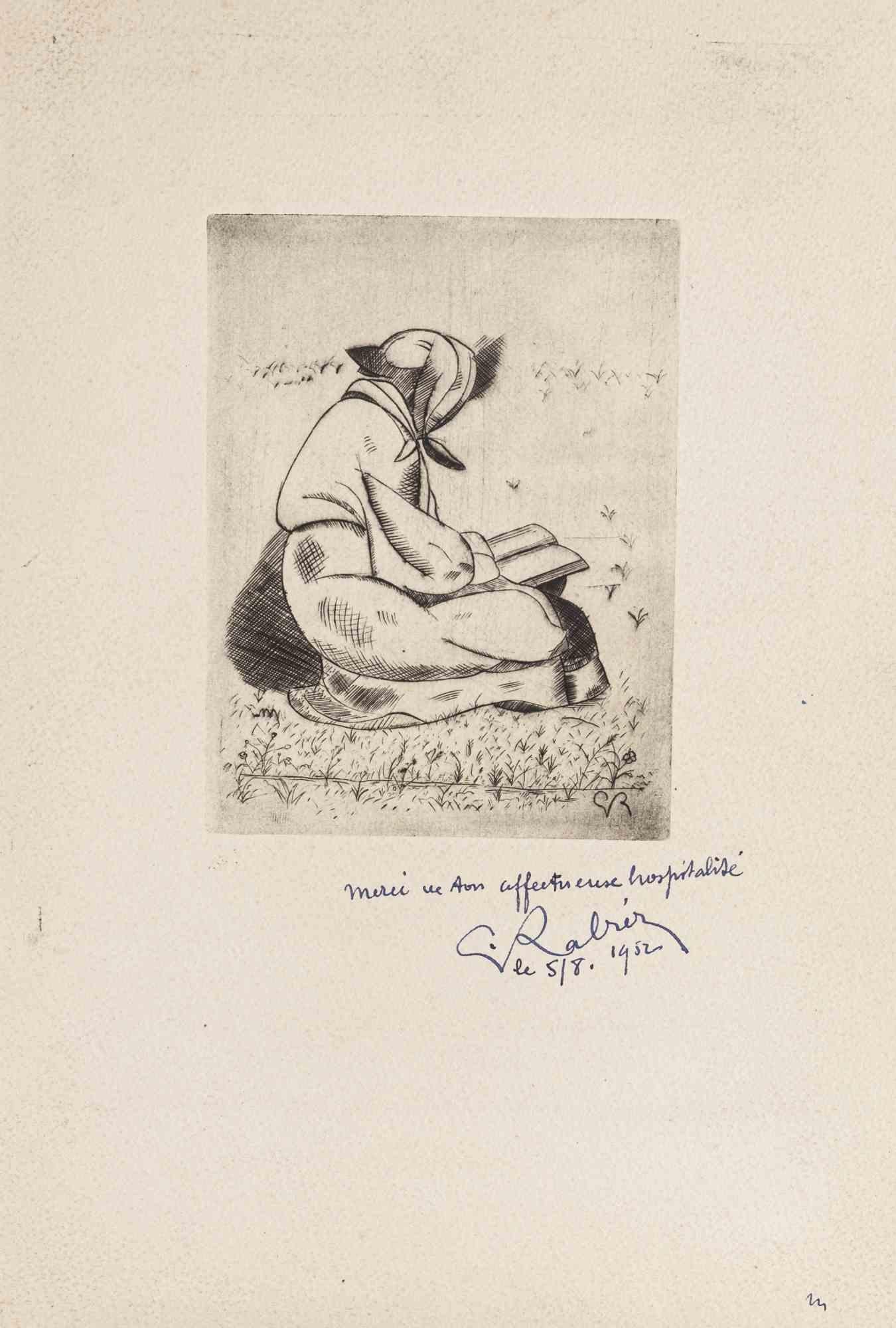Woman in Reading - Original Etching by Gabriel Rabier - 1952