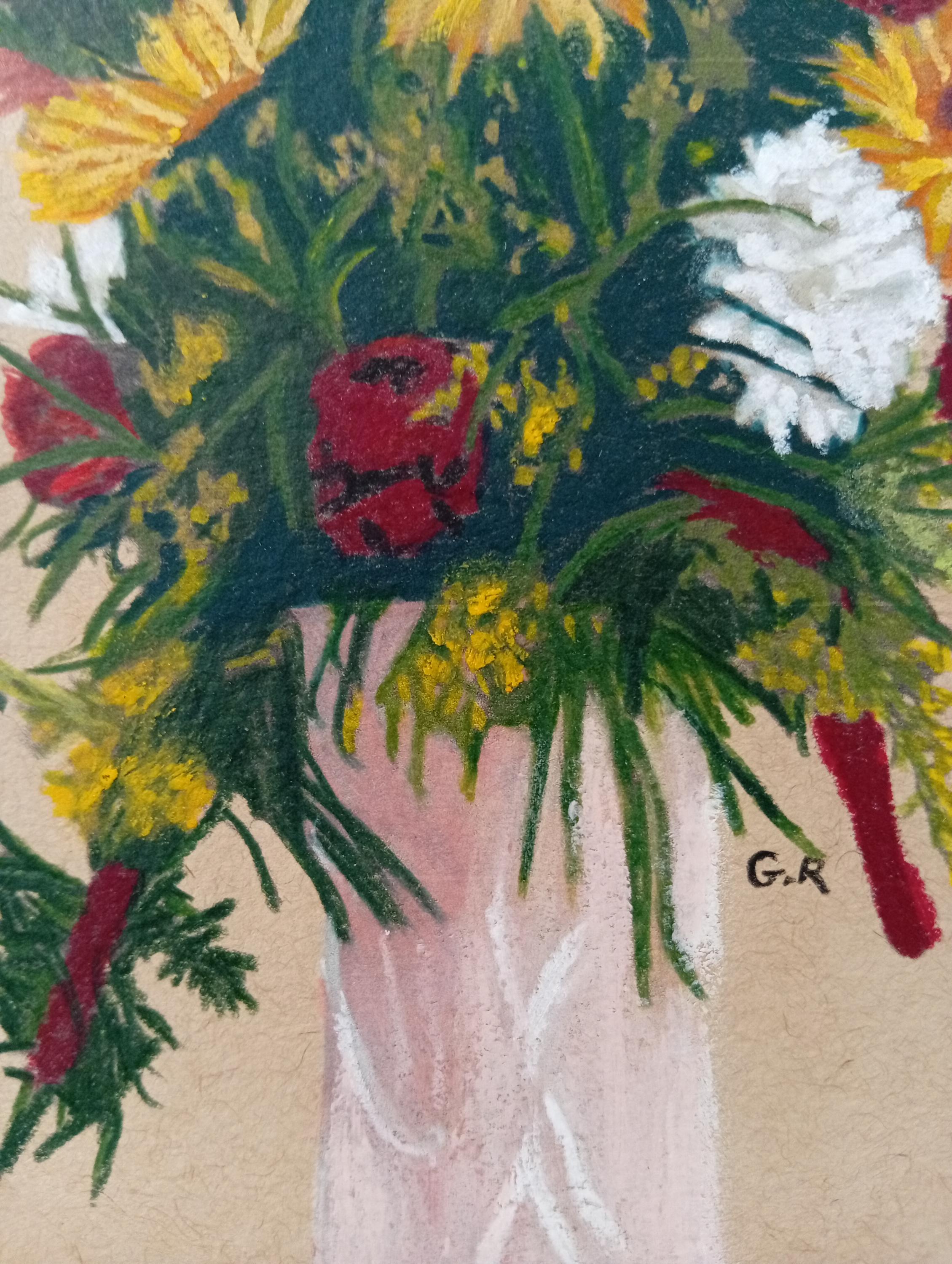 Blumenstrauß in einer rosa Vase, Originalzeichnung, Zeitgenössisches Stillleben im Angebot 1