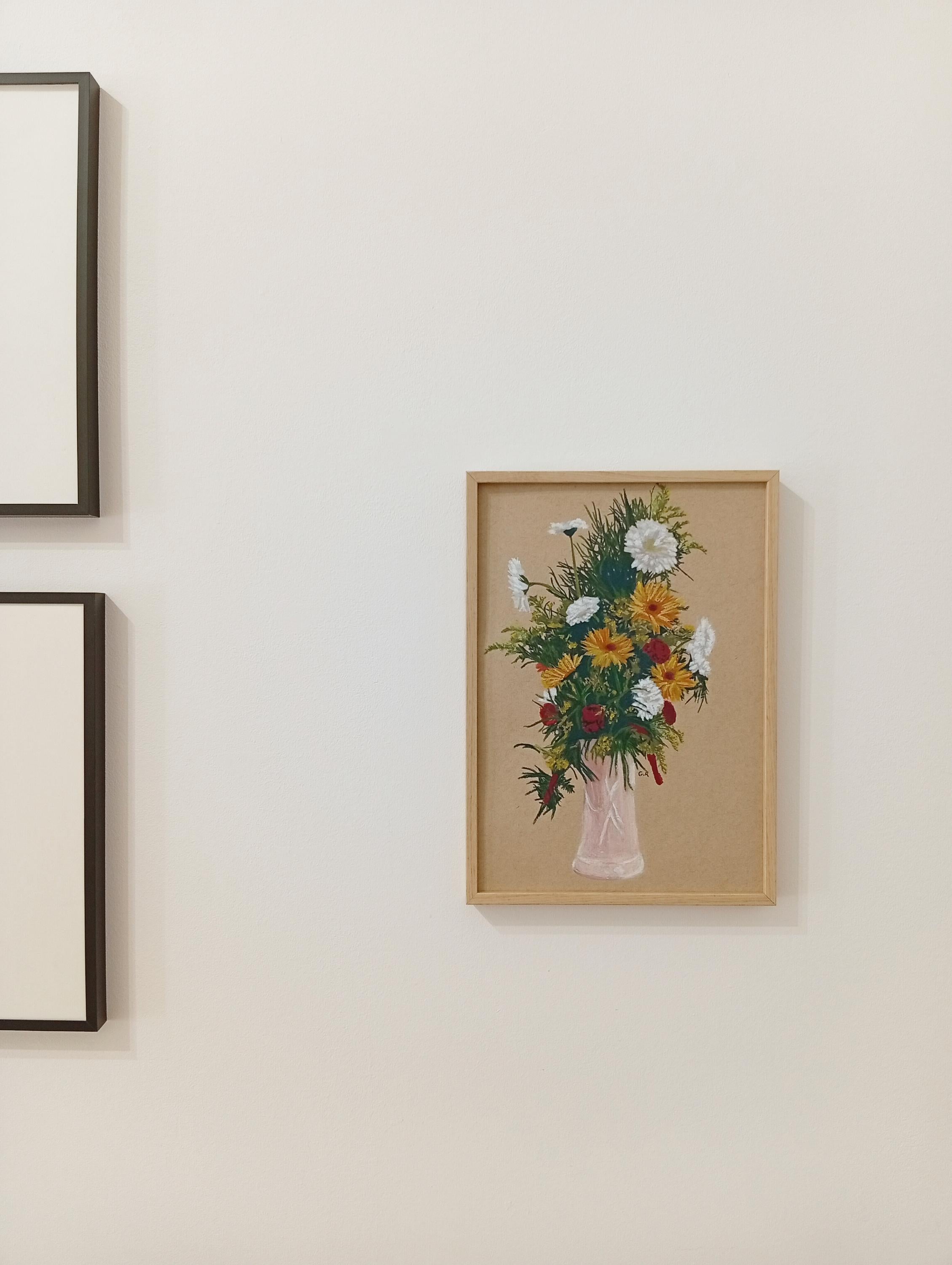 Blumenstrauß in einer rosa Vase, Originalzeichnung, Zeitgenössisches Stillleben im Angebot 3