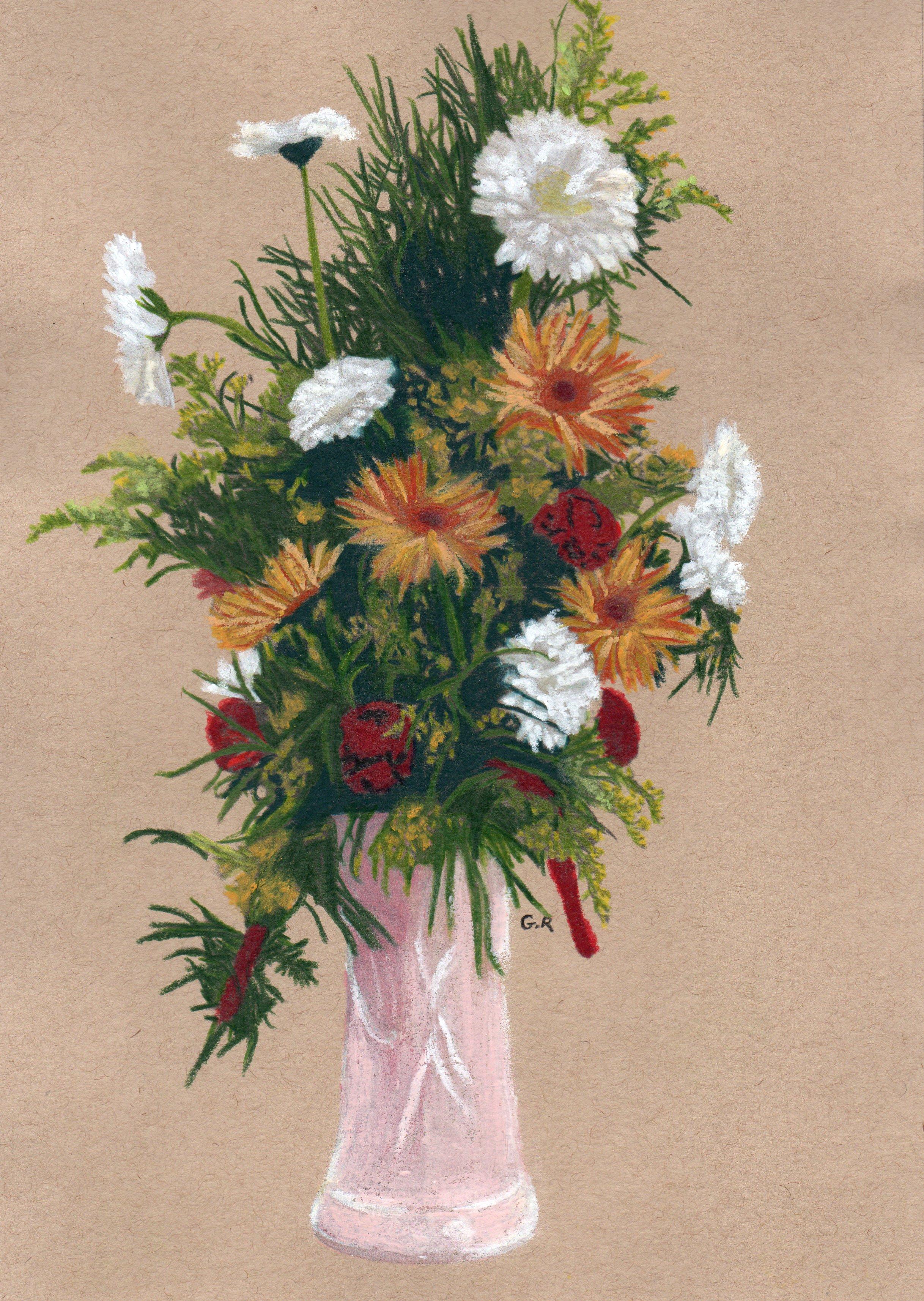 Blumenstrauß in einer rosa Vase, Originalzeichnung, Zeitgenössisches Stillleben – Mixed Media Art von Gabriel Riesnert