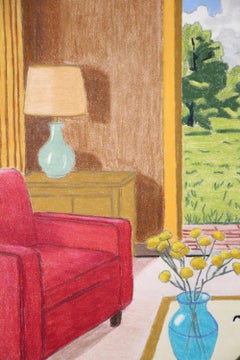 Vista al jardín, lápiz de óleo, escena de interior inspirada en la década de mediados de siglo, vista al jardín