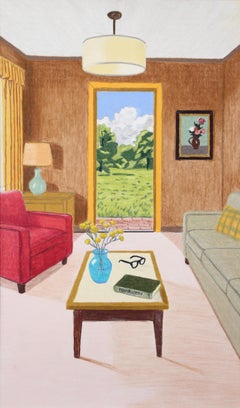 Vista al jardín, lápiz de óleo, escena de interior inspirada en la década de mediados de siglo, vista al jardín