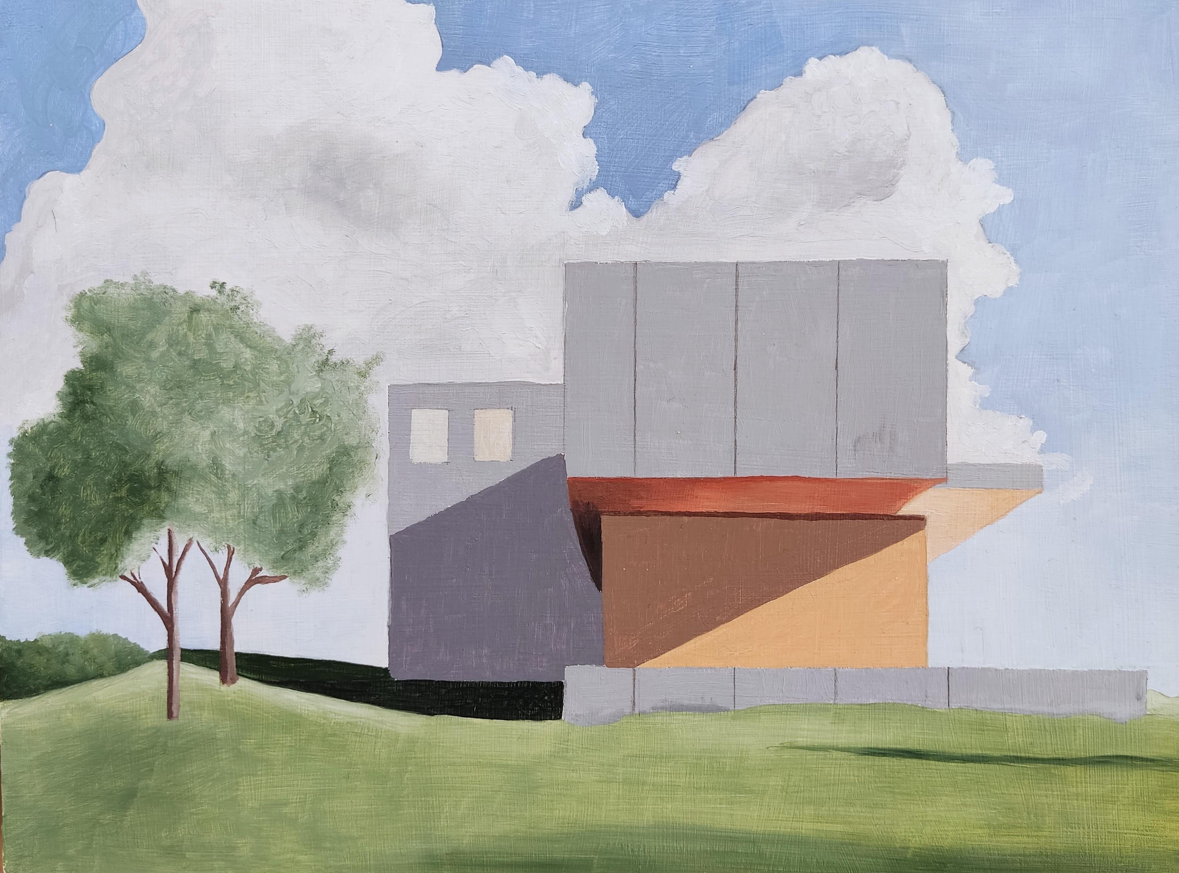 Gabriel Riesnert Landscape Painting – A the Window, Original Ölgemälde, Landschaft, Contemporary Architecture