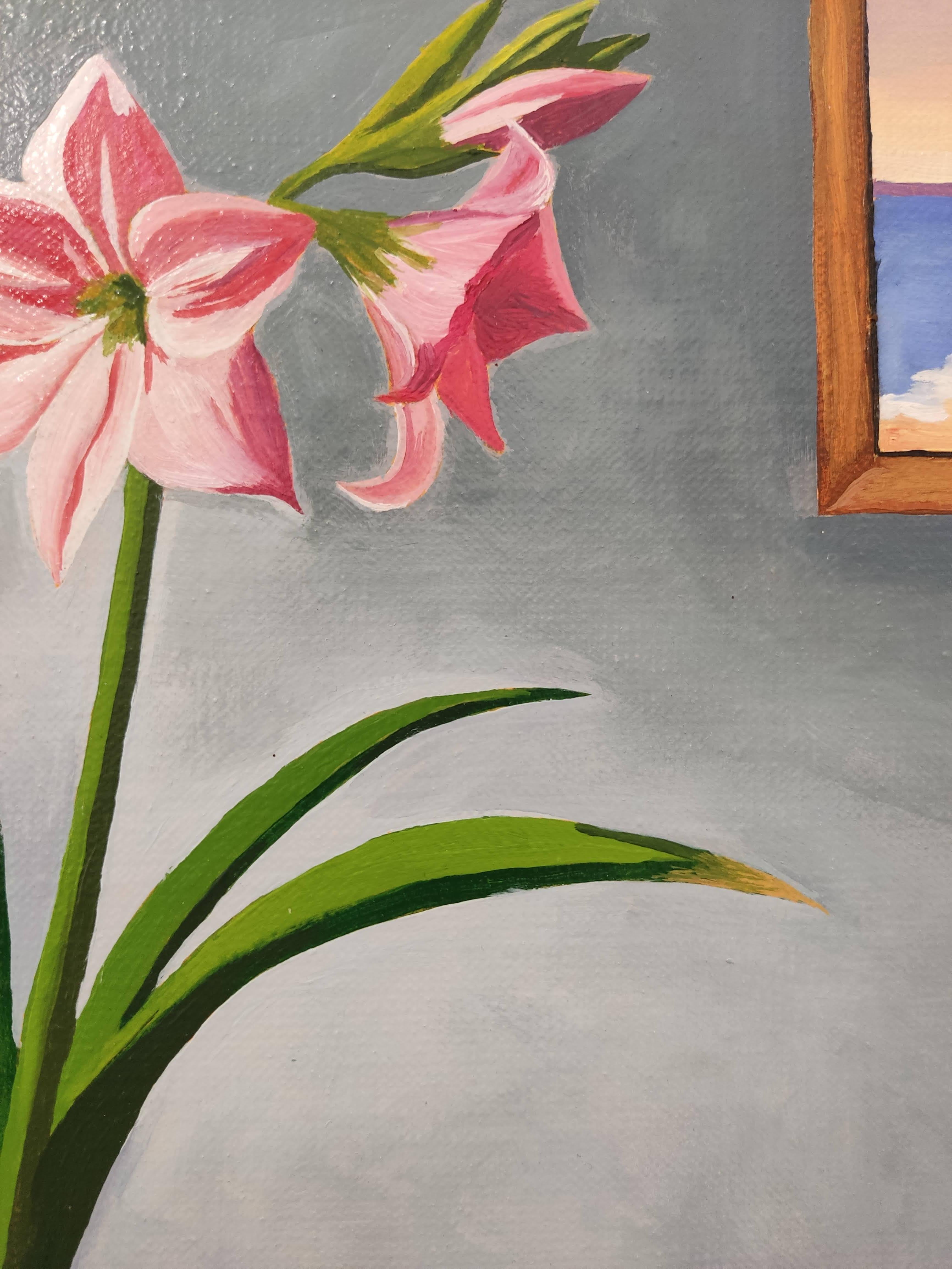 Amaryllis. Oil on Linen. Colorful still-life : Flowers, Interior, Plant - Painting by Gabriel Riesnert