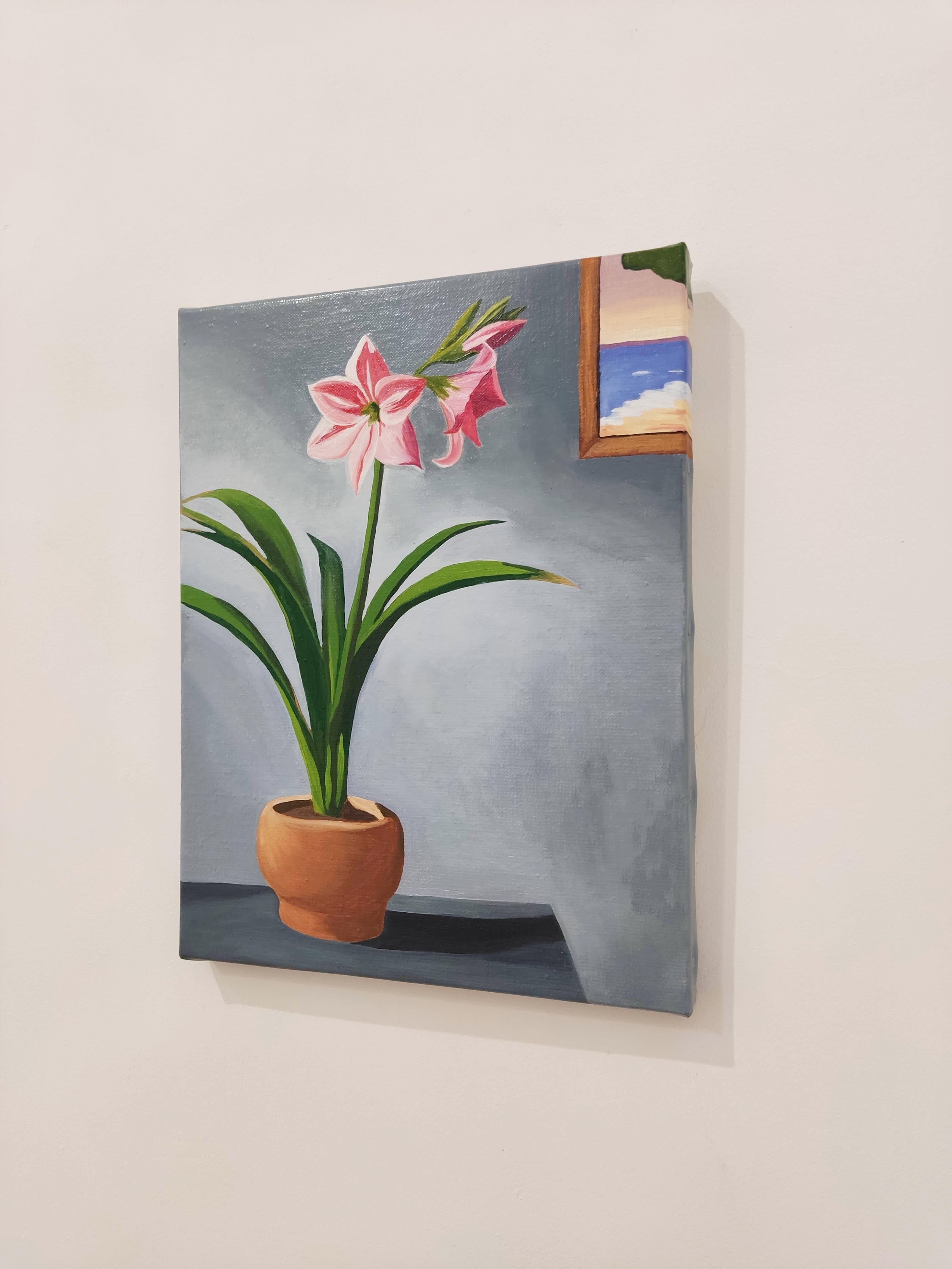 Subject : Amaryllis (Title - FR) / In this unique work of oil painting, the artist, who is an adept of contemporary realism and fiction, enjoy painting Interiors spaces and still-lifes. A peaceful moment to spend between indoors and outdoors, at