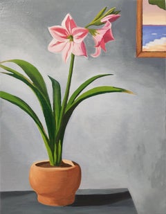 Amaryllis. Öl auf Leinen. Buntes Stillleben: Blumen, Inneneinrichtung, Pflanze