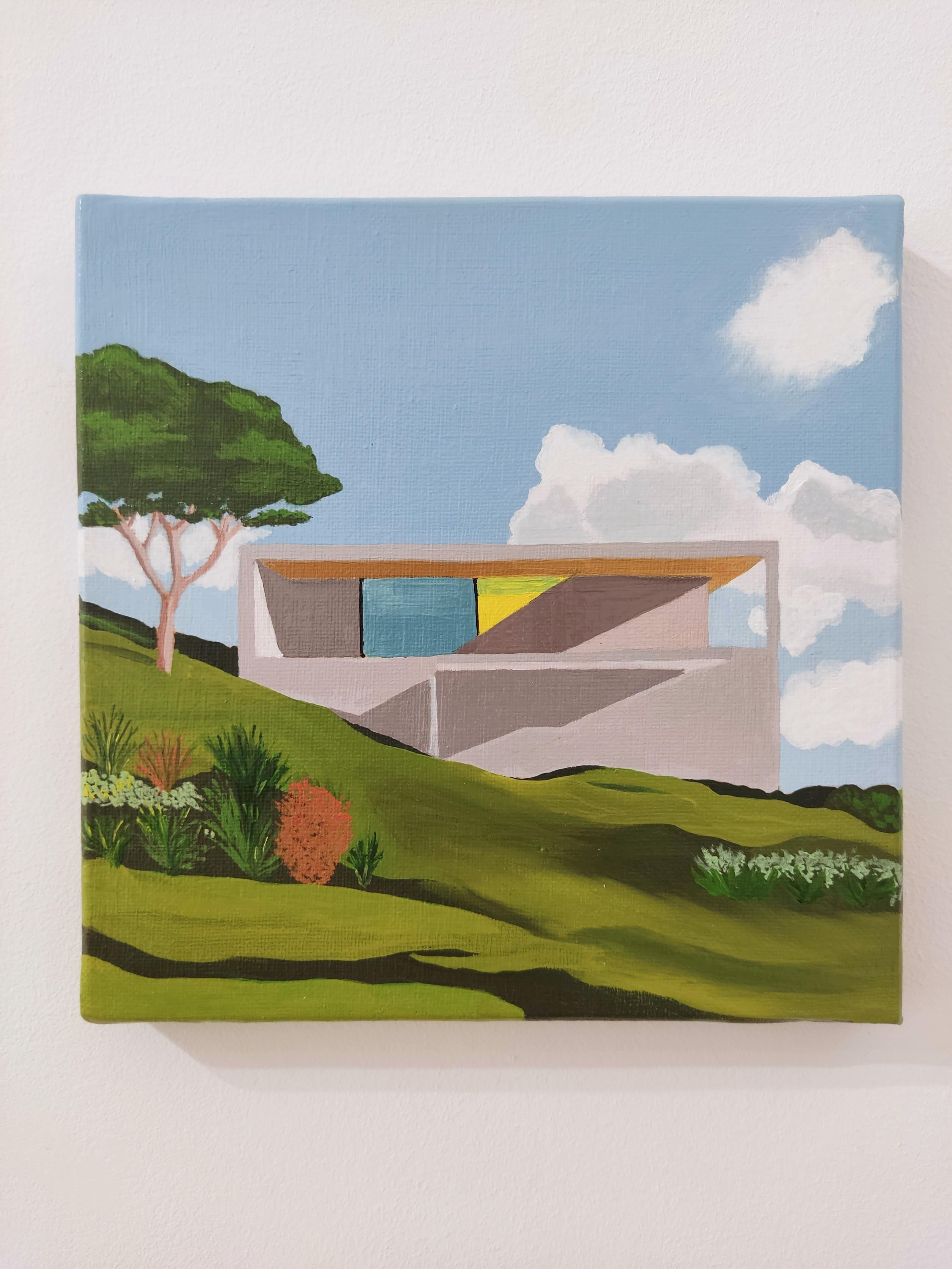 En la ventana, Pintura al óleo, Arquitectura, Jardín - Landscape Painting Gris de Gabriel Riesnert