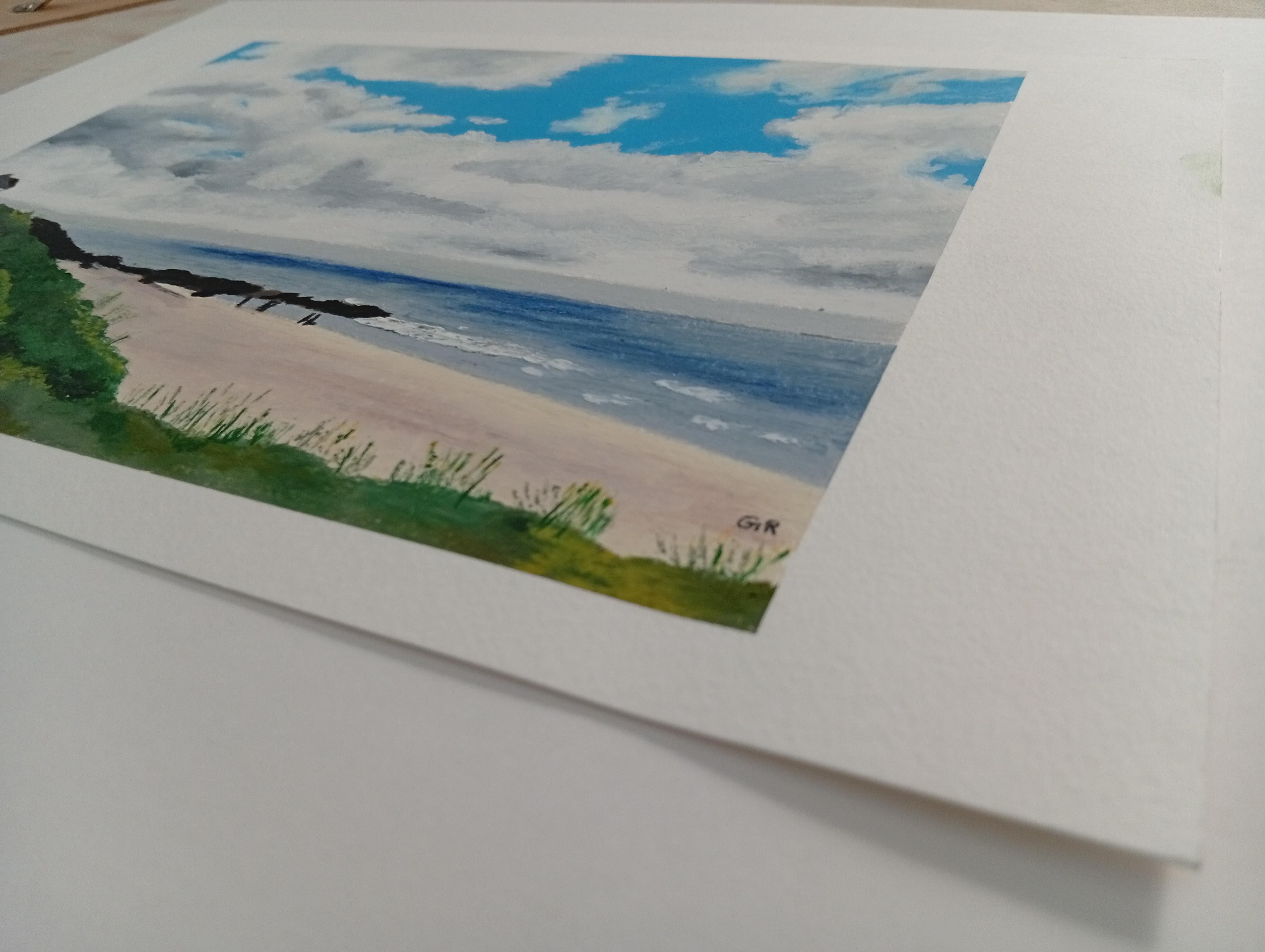 Atlantic Seascape, Original Oil Pastel, Beach and Cloudy Sky, Seaside House - Painting by Gabriel Riesnert