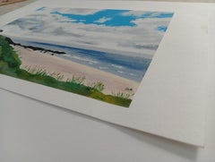 Paesaggio marino dell'Atlantico, pastello a olio originale, spiaggia e cielo nuvoloso, casa sul mare