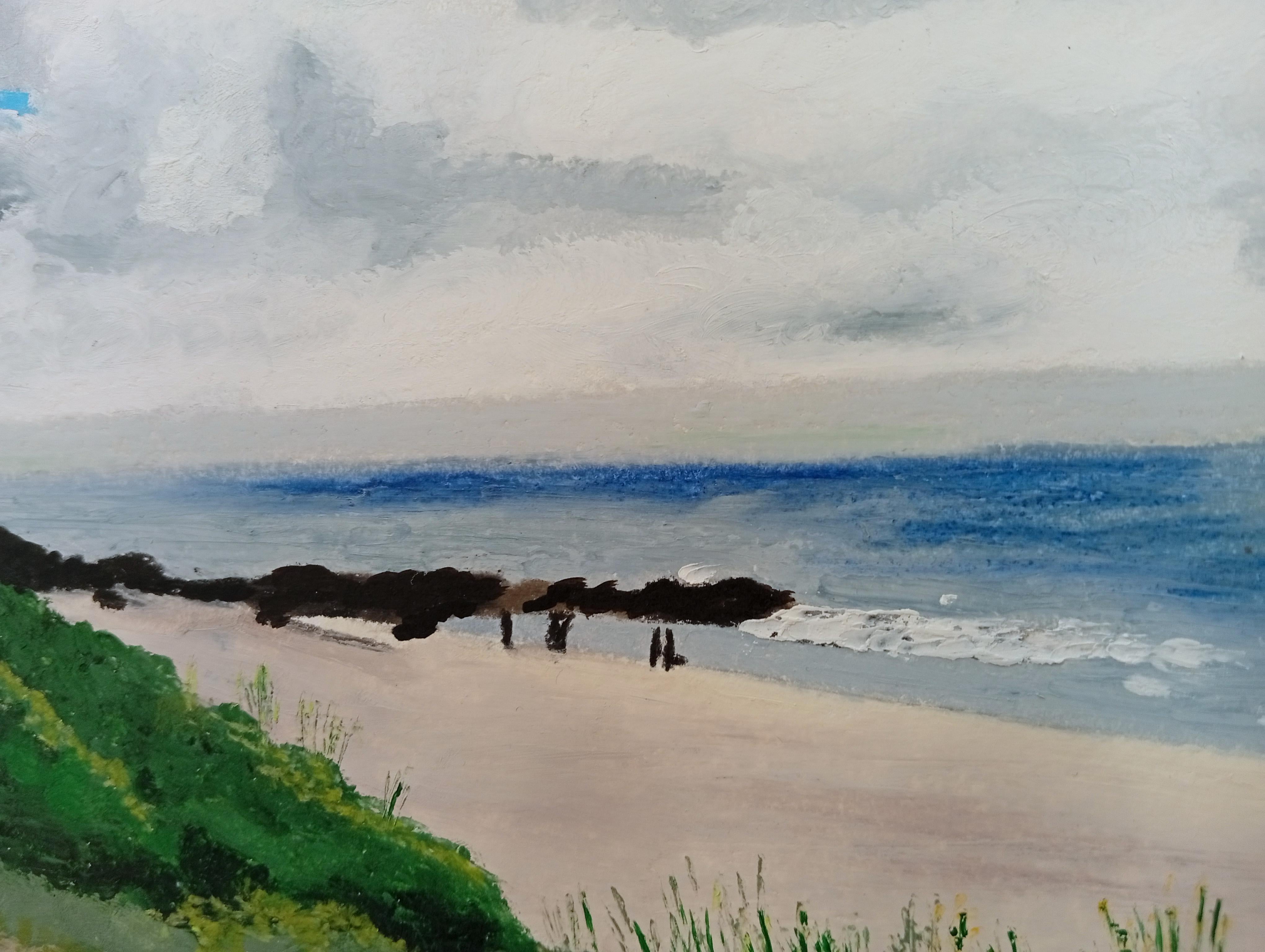 Atlantic Seascape, Original Oil Pastel, Beach and Cloudy Sky, Seaside House - Contemporary Painting by Gabriel Riesnert