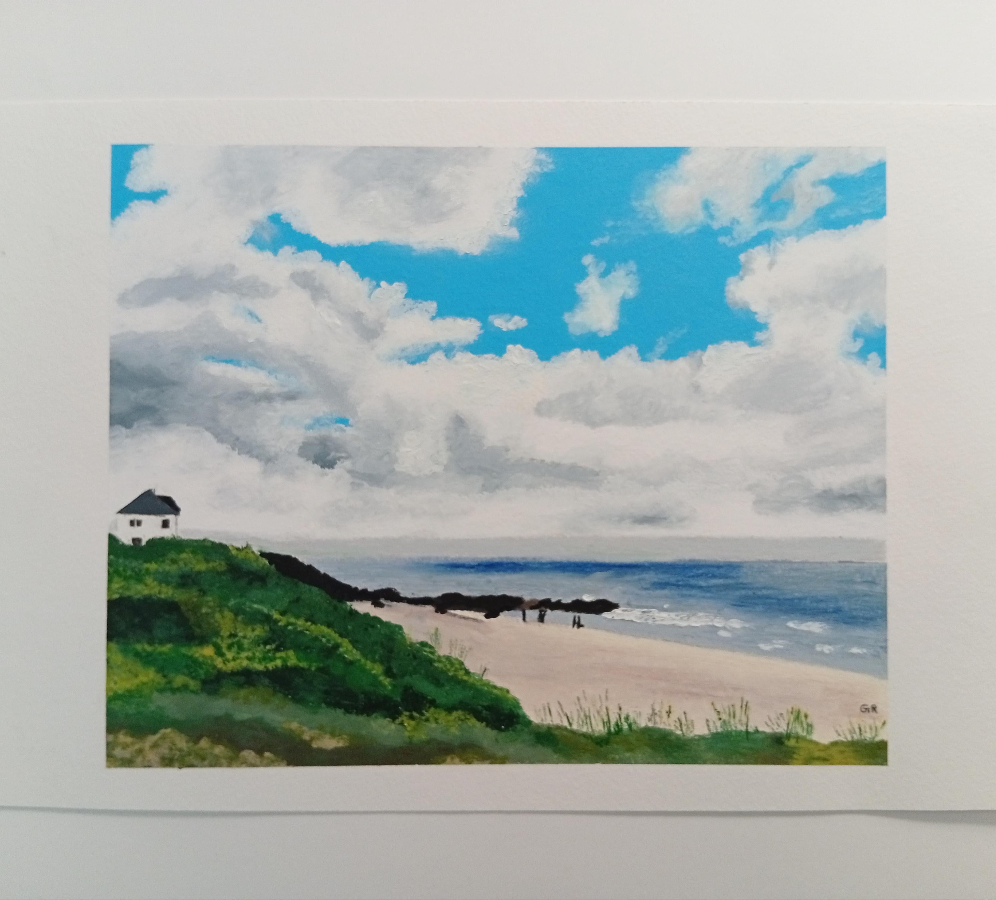 Atlantic Seascape, Original Oil Pastel, Beach and Cloudy Sky, Seaside House - Gray Landscape Painting by Gabriel Riesnert