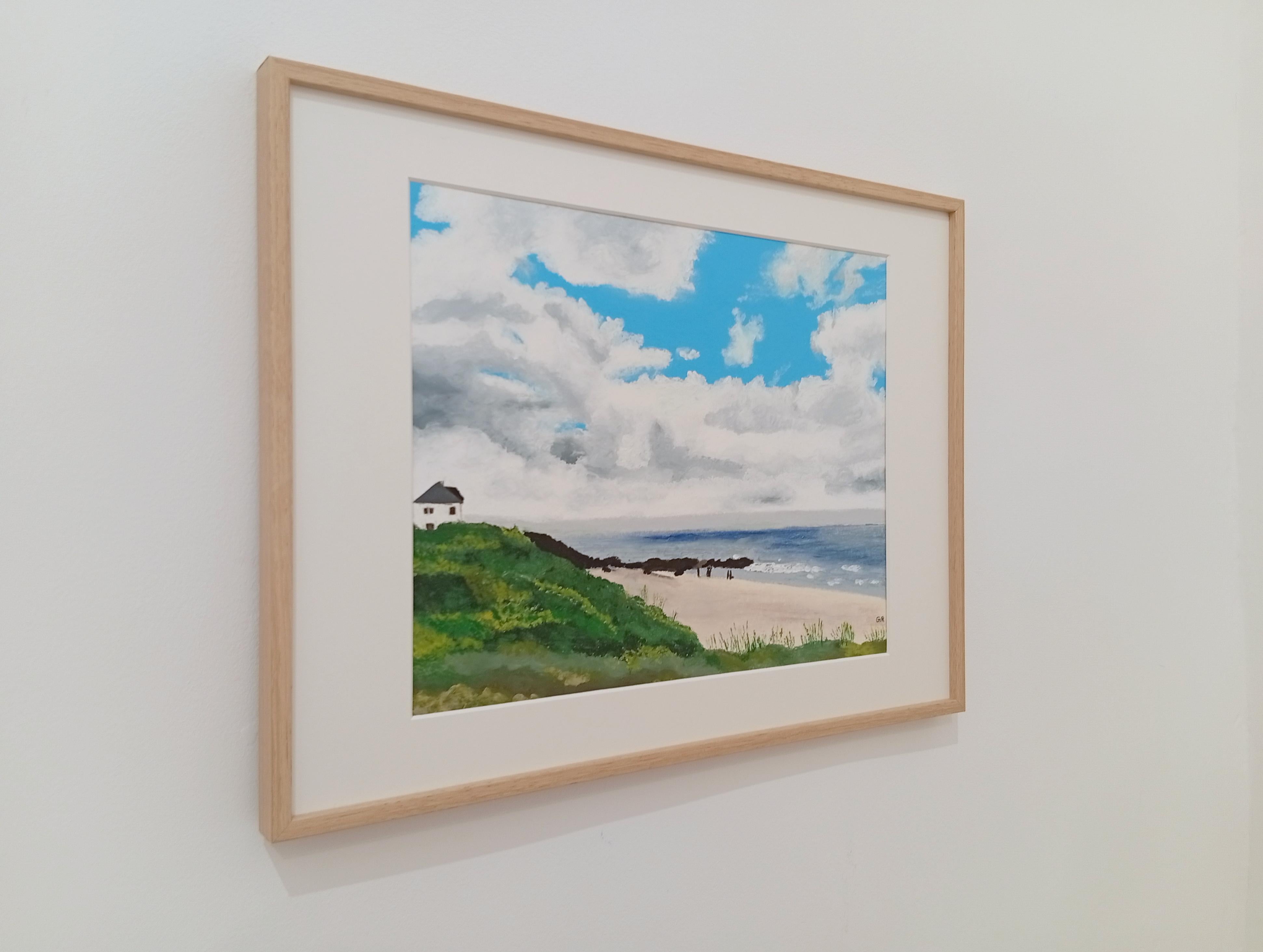 Atlantic Seascape, Original Oil Pastel, Beach and Cloudy Sky, Seaside House For Sale 1