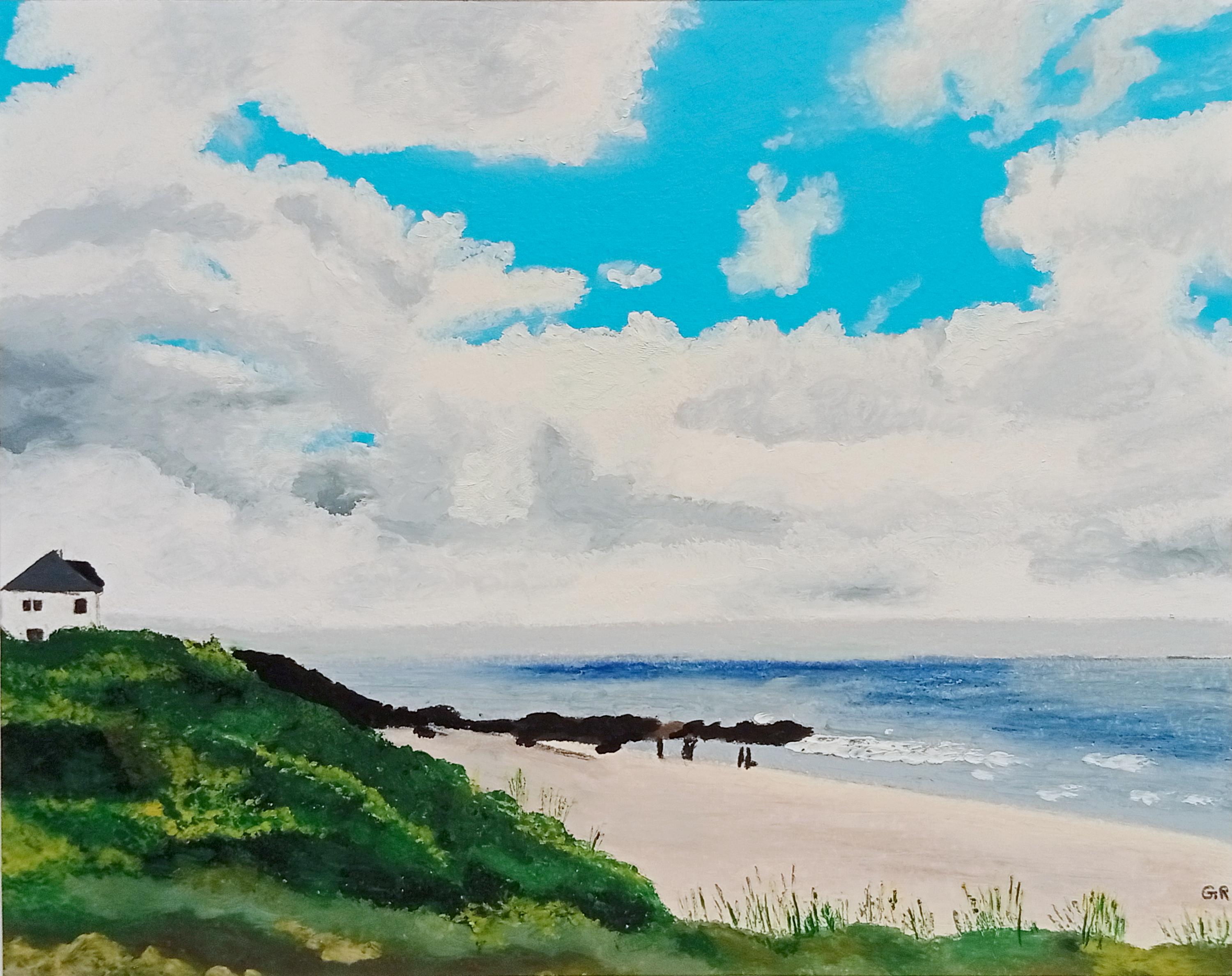 Gabriel Riesnert Landscape Painting - Atlantic Seascape, Original Oil Pastel, Beach and Cloudy Sky, Seaside House