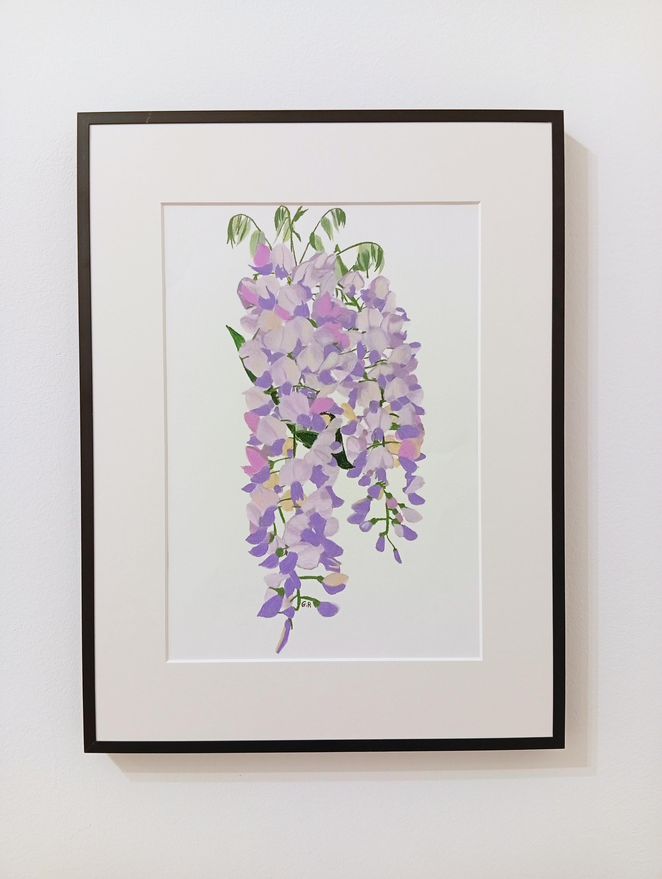 Étude sur la glycine en fleurs, dessin floral original en techniques mixtes dans une douce teinte violette - Painting de Gabriel Riesnert