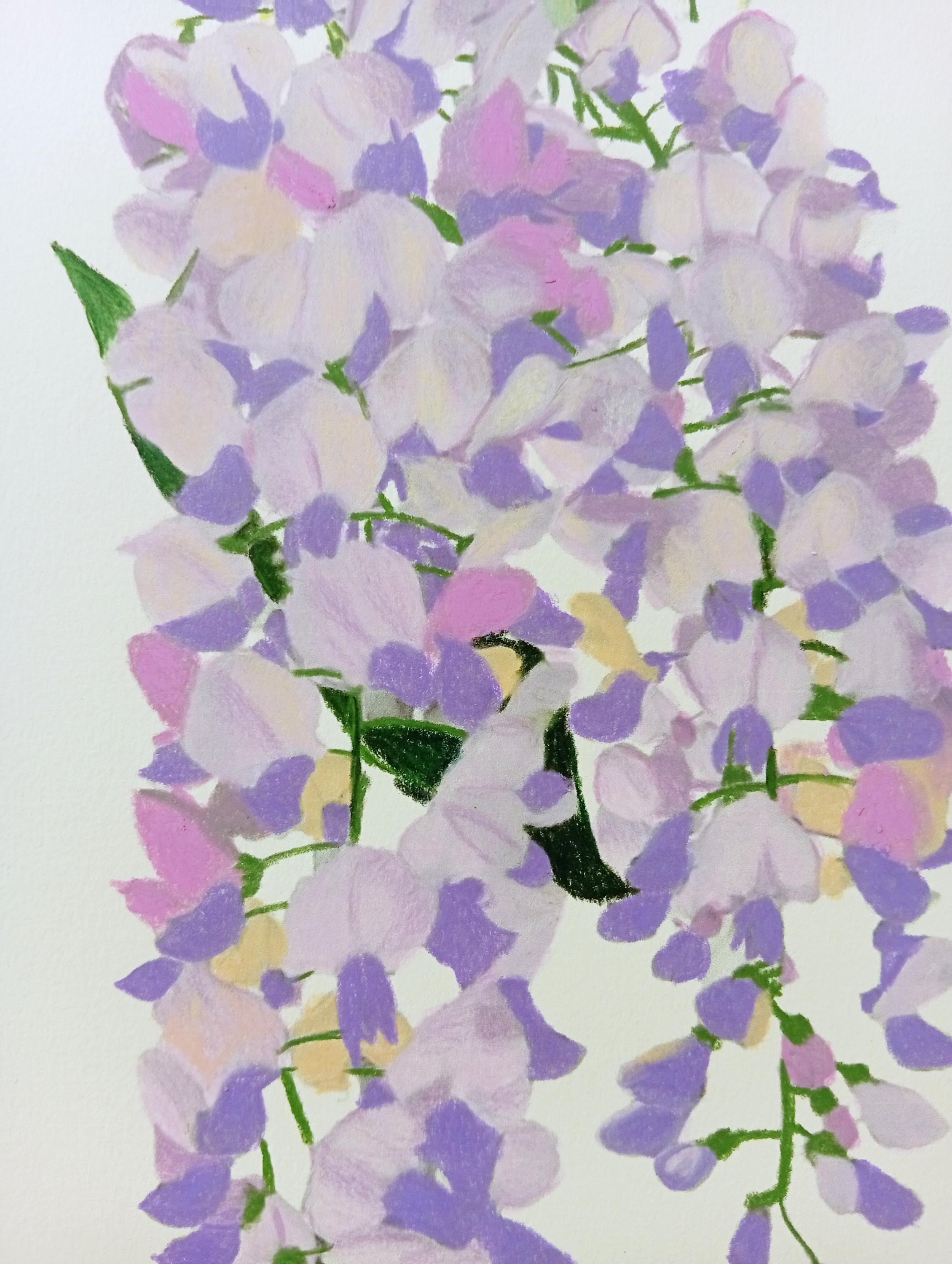 Étude sur la glycine en fleurs, dessin floral original en techniques mixtes dans une douce teinte violette - Contemporain Painting par Gabriel Riesnert
