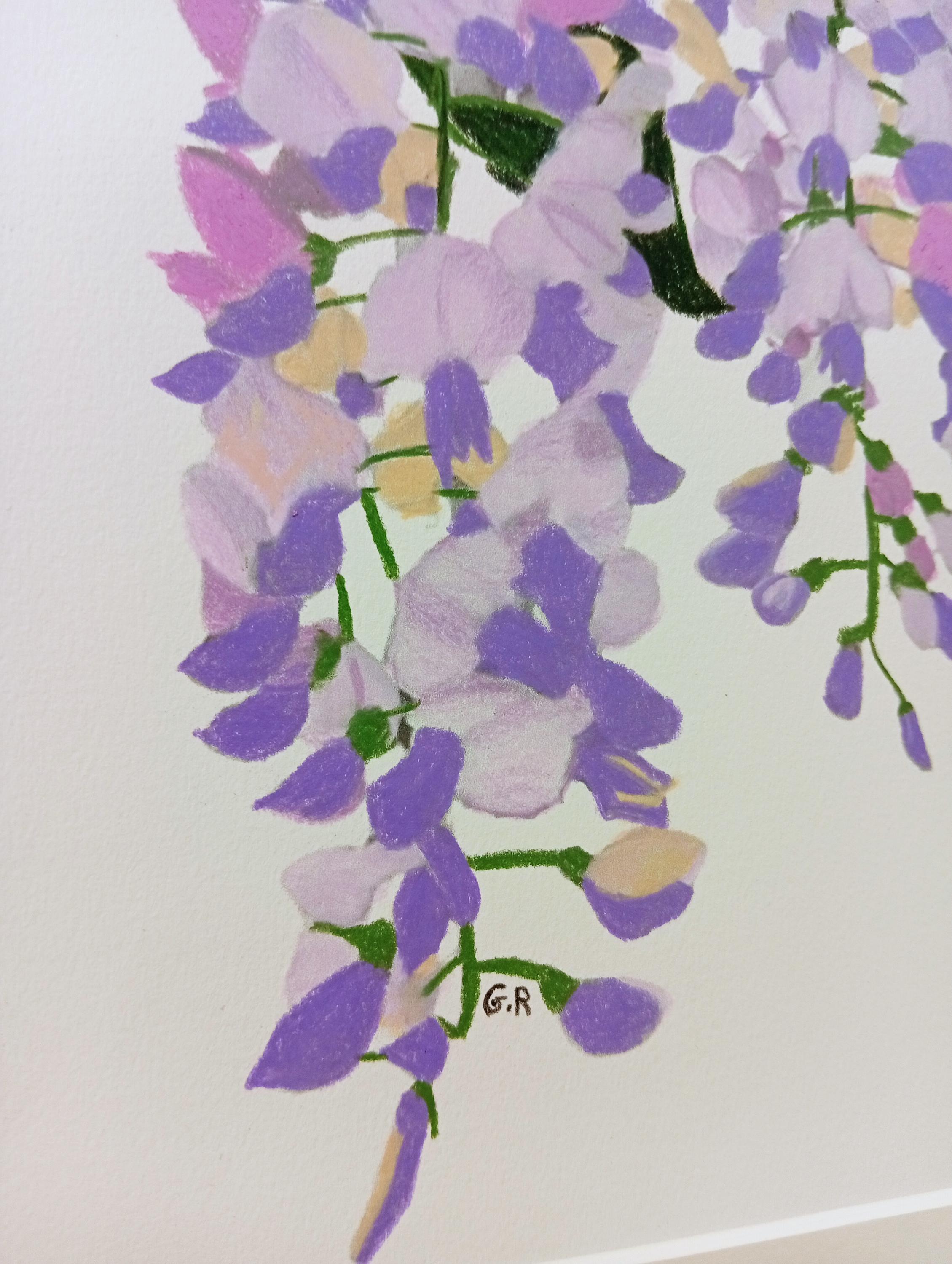 Étude sur la glycine en fleurs, dessin floral original en techniques mixtes dans une douce teinte violette en vente 1