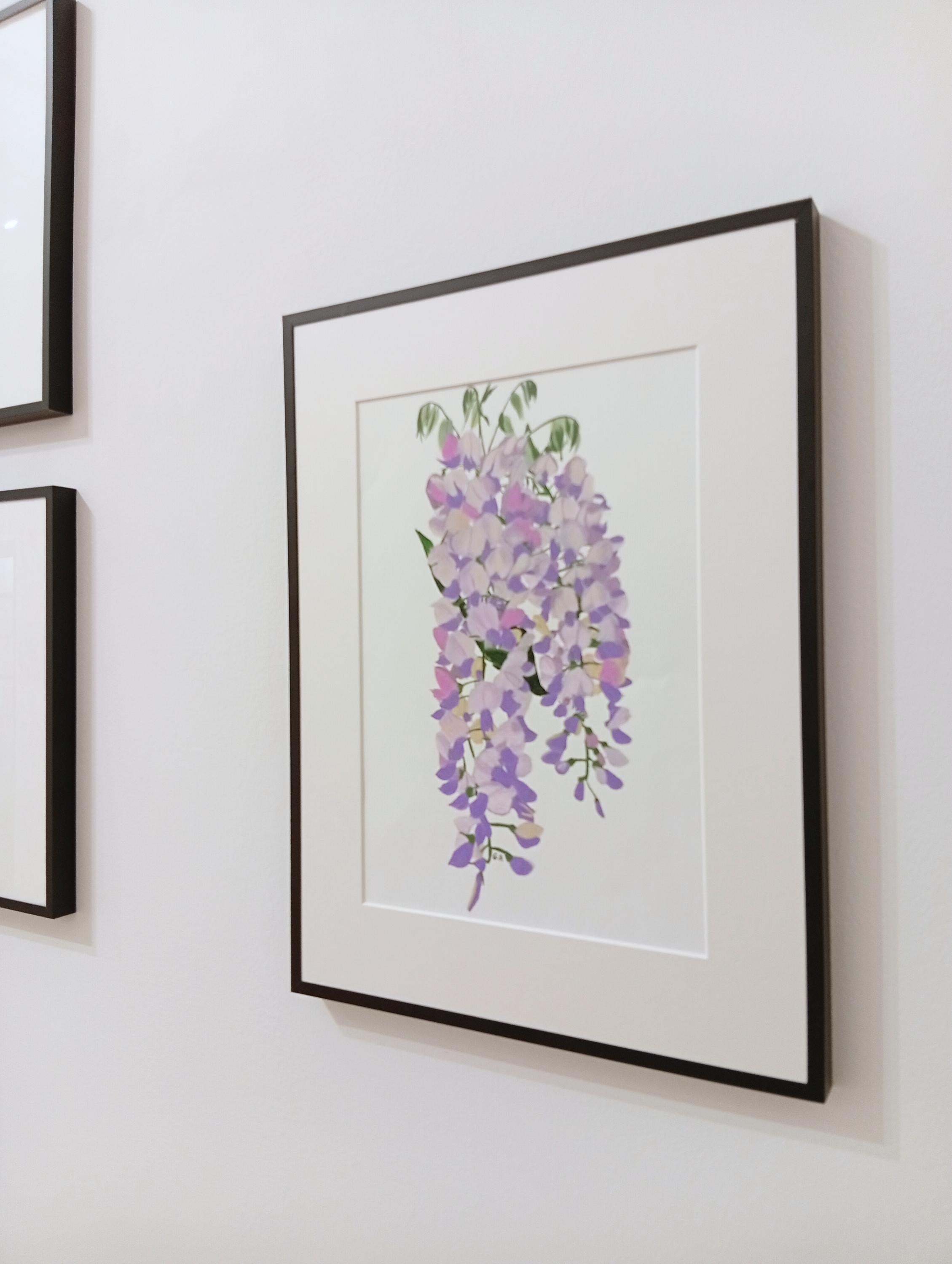 Étude sur la glycine en fleurs, dessin floral original en techniques mixtes dans une douce teinte violette en vente 2
