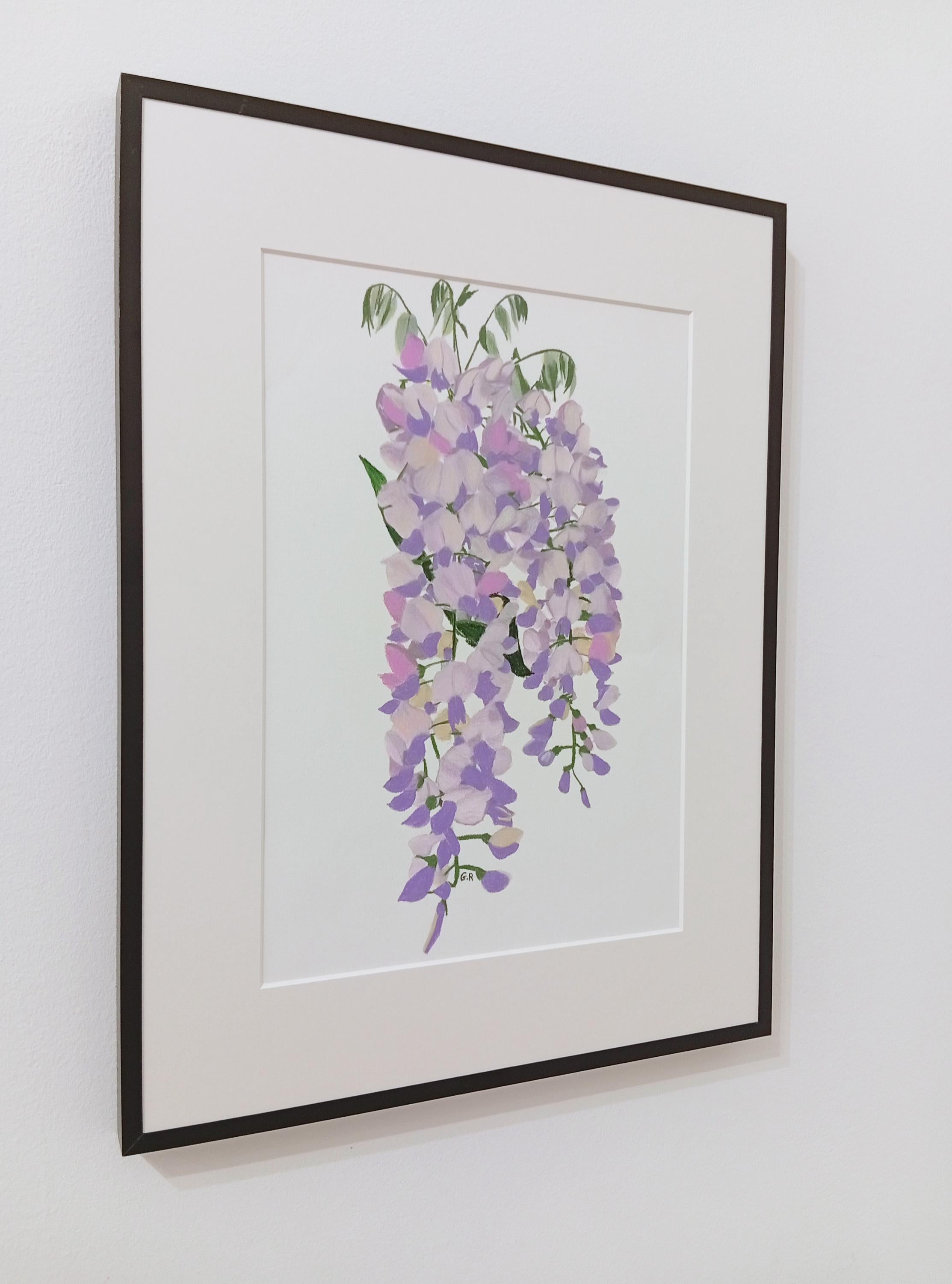 Étude sur la glycine en fleurs, dessin floral original en techniques mixtes dans une douce teinte violette en vente 3