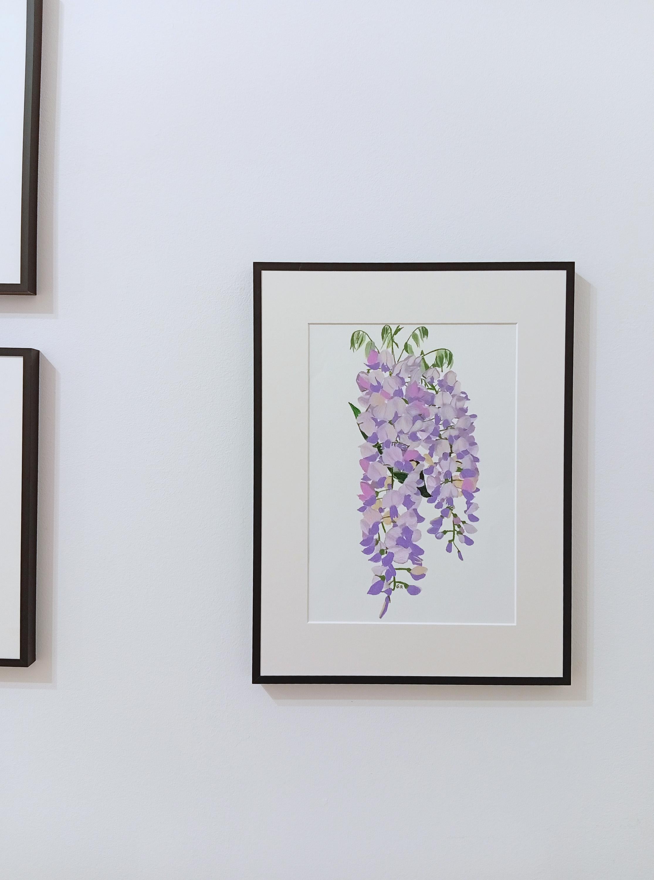 Étude sur la glycine en fleurs, dessin floral original en techniques mixtes dans une douce teinte violette en vente 4