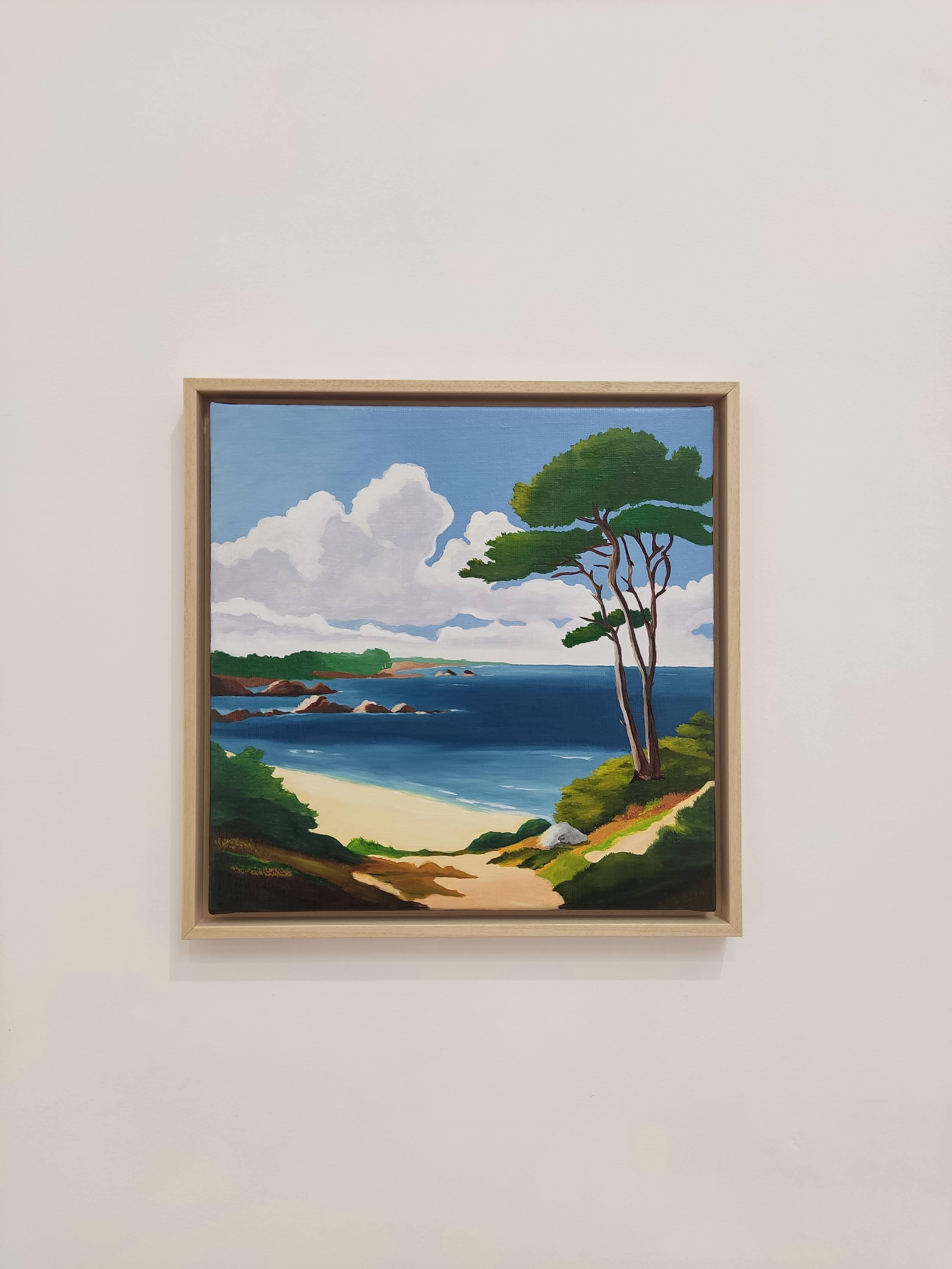 Bord de mer, Pintura al óleo, Orilla del mar, Paisaje marino contemporáneo con una playa - Figurative Painting Gris de Gabriel Riesnert