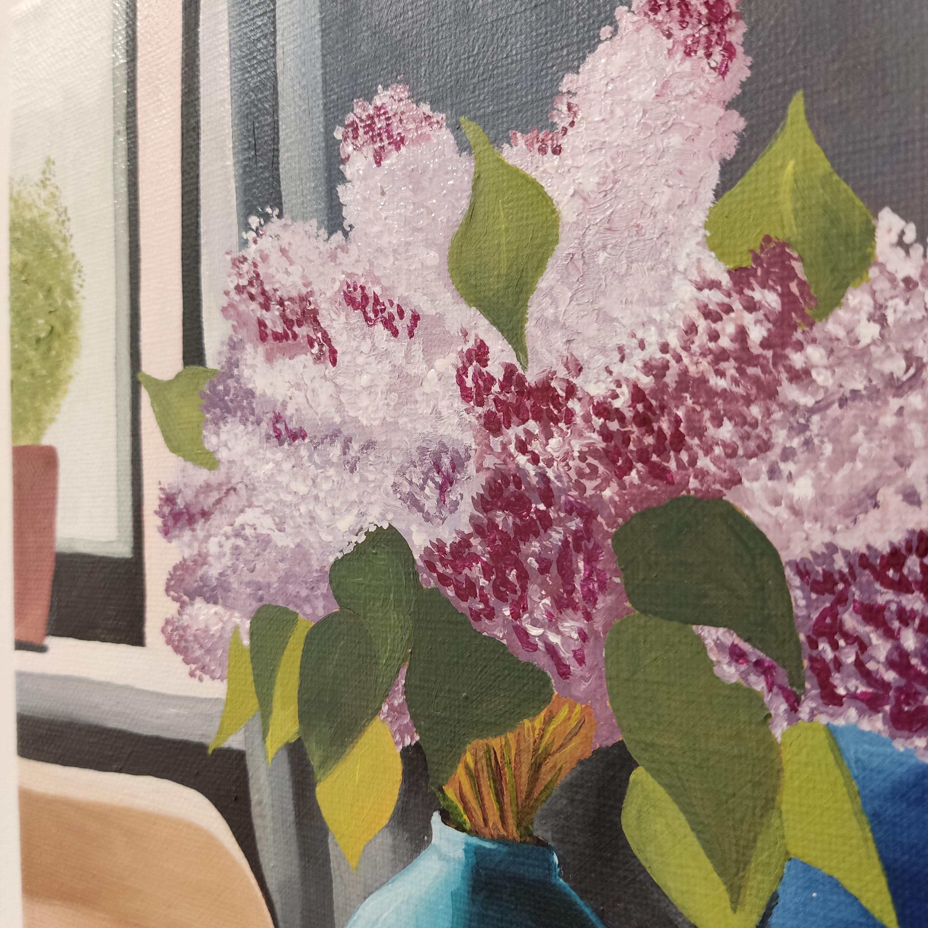 Ramo de Lilas. Óleo sobre lino. Bodegón colorido: Flores, Lila, Jarrón, Luz - Painting de Gabriel Riesnert