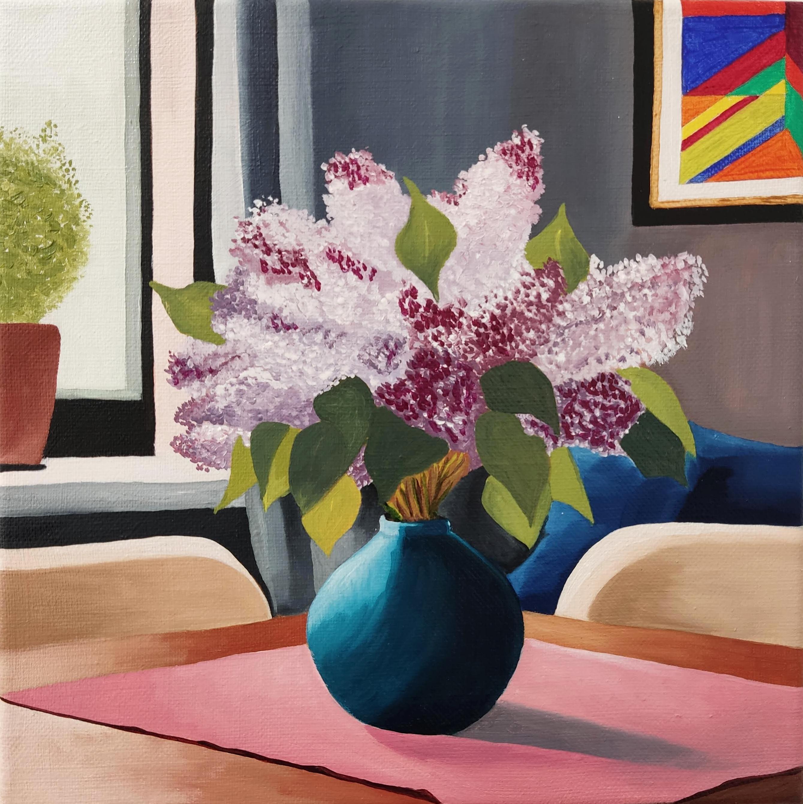 Bouquet de Lilas Huile sur lin. Nature morte colorée : Fleurs, Lilas, Vase, Light