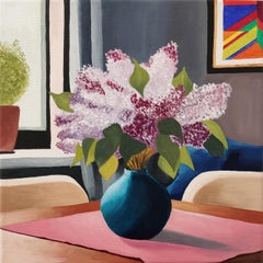 Blumenstrauß der Lilien. Öl auf Leinen. Buntes Stillleben: Blumen, Flieder, Vase, Licht