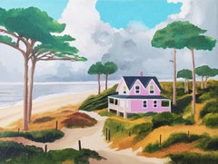 En allant au bord de la mer, peinture à l'huile originale, bord de mer, arbres, maison