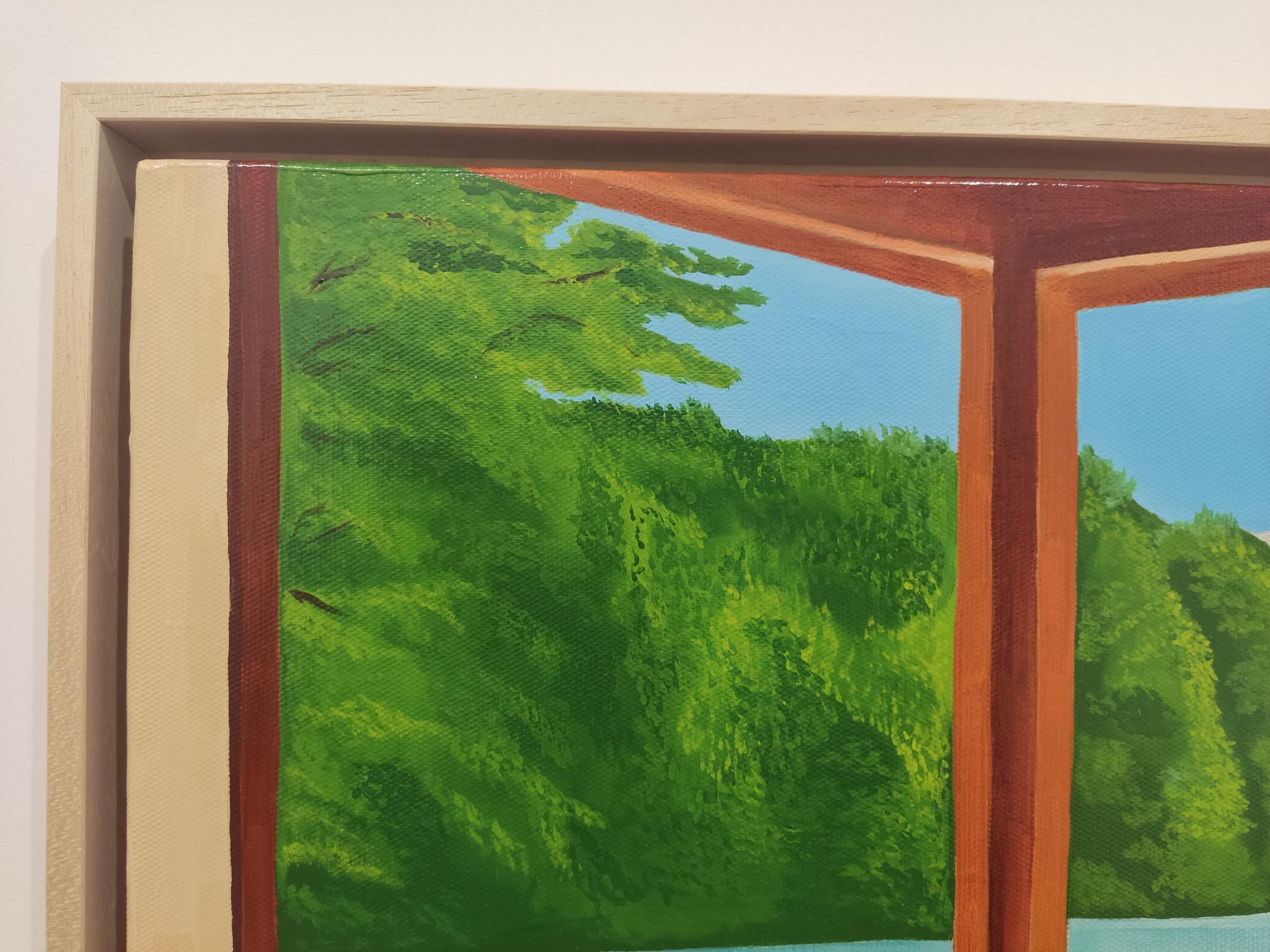 Fenêtre sur lac, Pintura al óleo, Interior acogedor con sofá y jarrón de porcelana - Painting Contemporáneo de Gabriel Riesnert